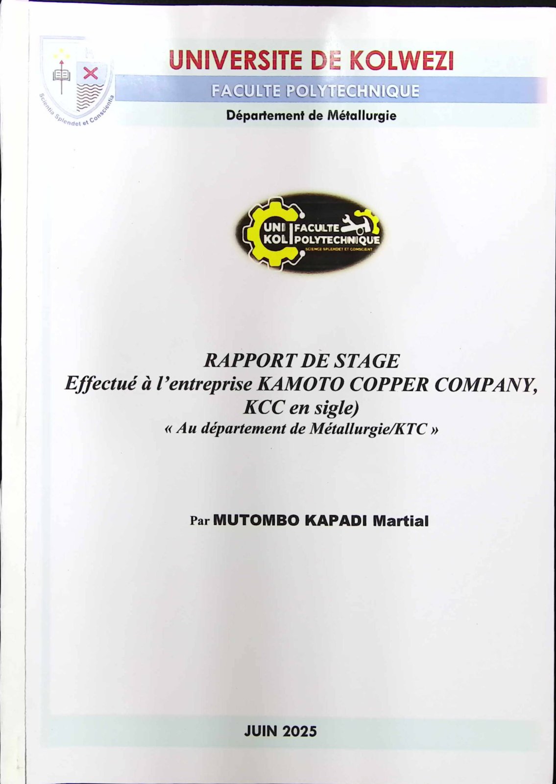 First page of RAPPORT DE STAGE effectué à l’entreprise KAMOTO COPPER COMPANY