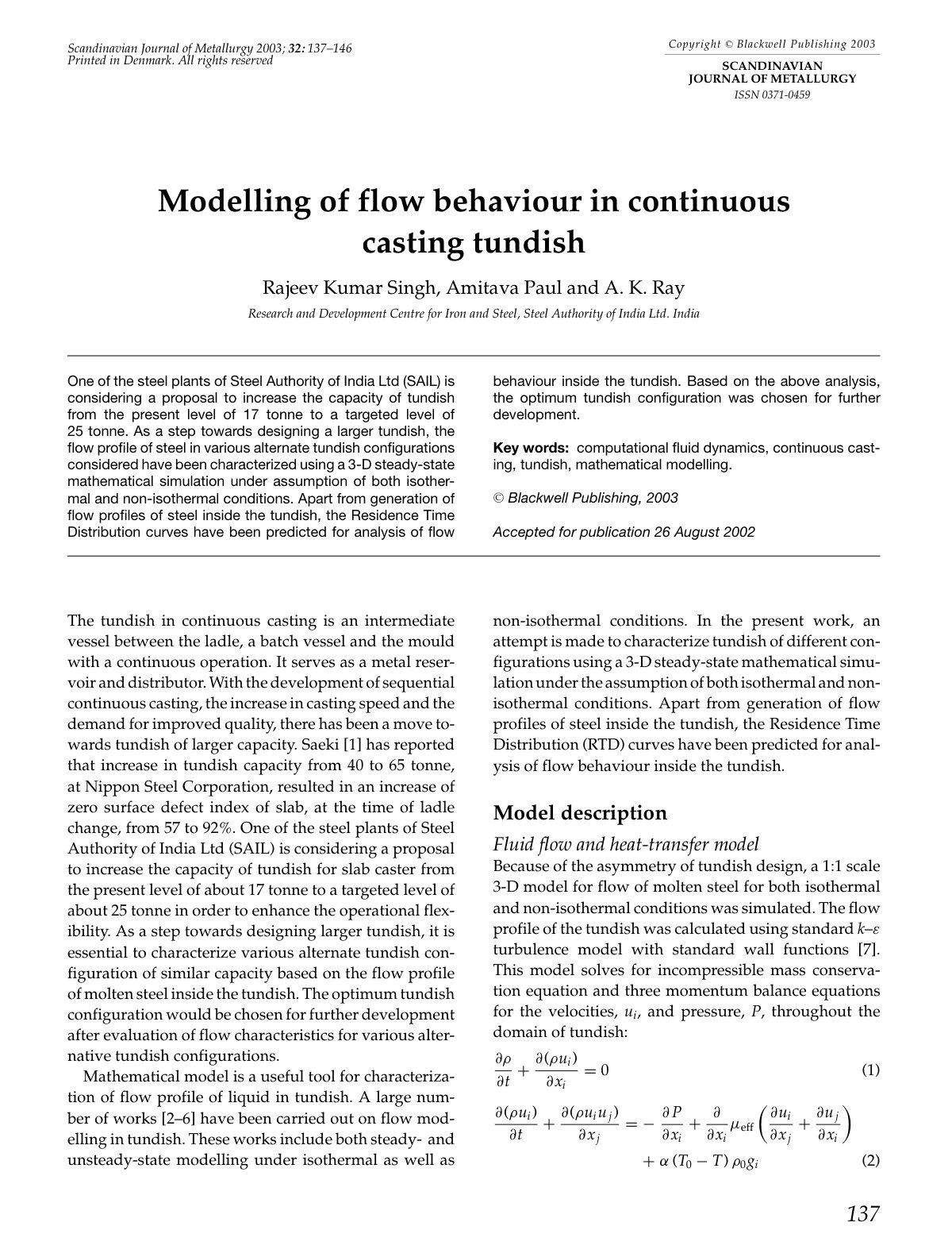 First page of Modelling of flow behaviour in continuou