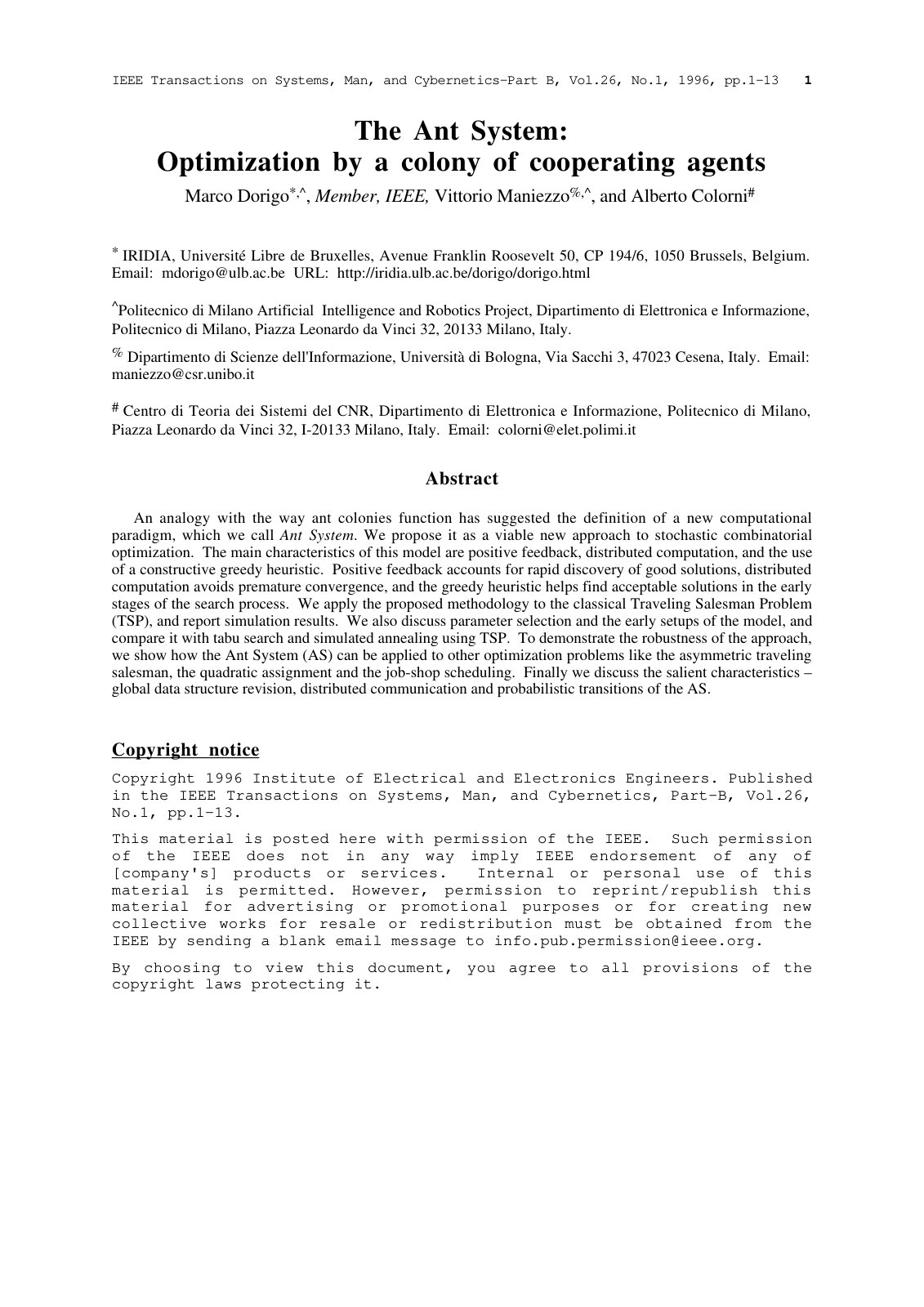 First page of Ant system optimization by a colony of c