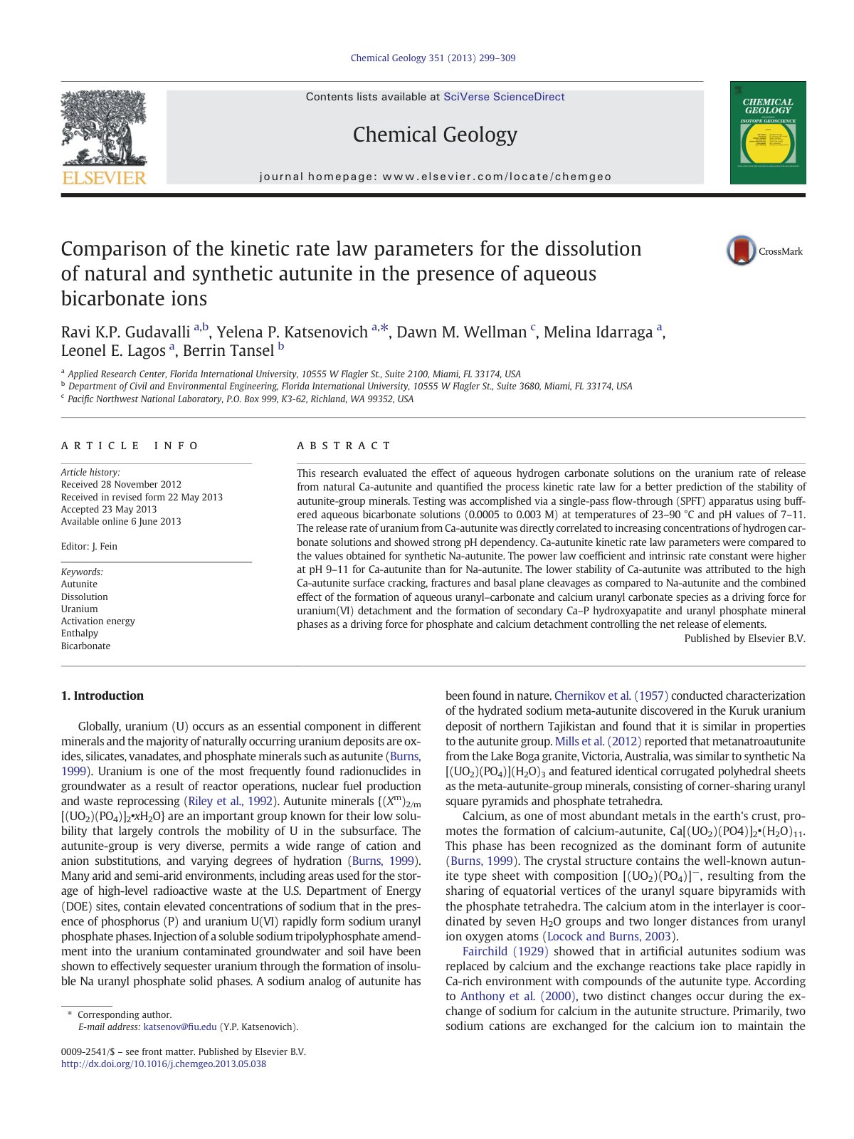 First page of Comparison of the kinetic rate law parameters for the dissolution of natural and synthetic autunite in the presence of aqueous bicarbonate ions