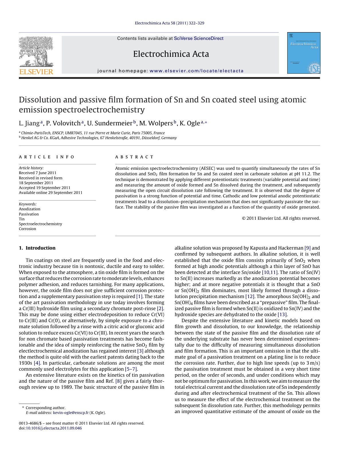 First page of Dissolution and passive film formation of Sn and Sn coated steel using atomic emission spectroelectrochemistry