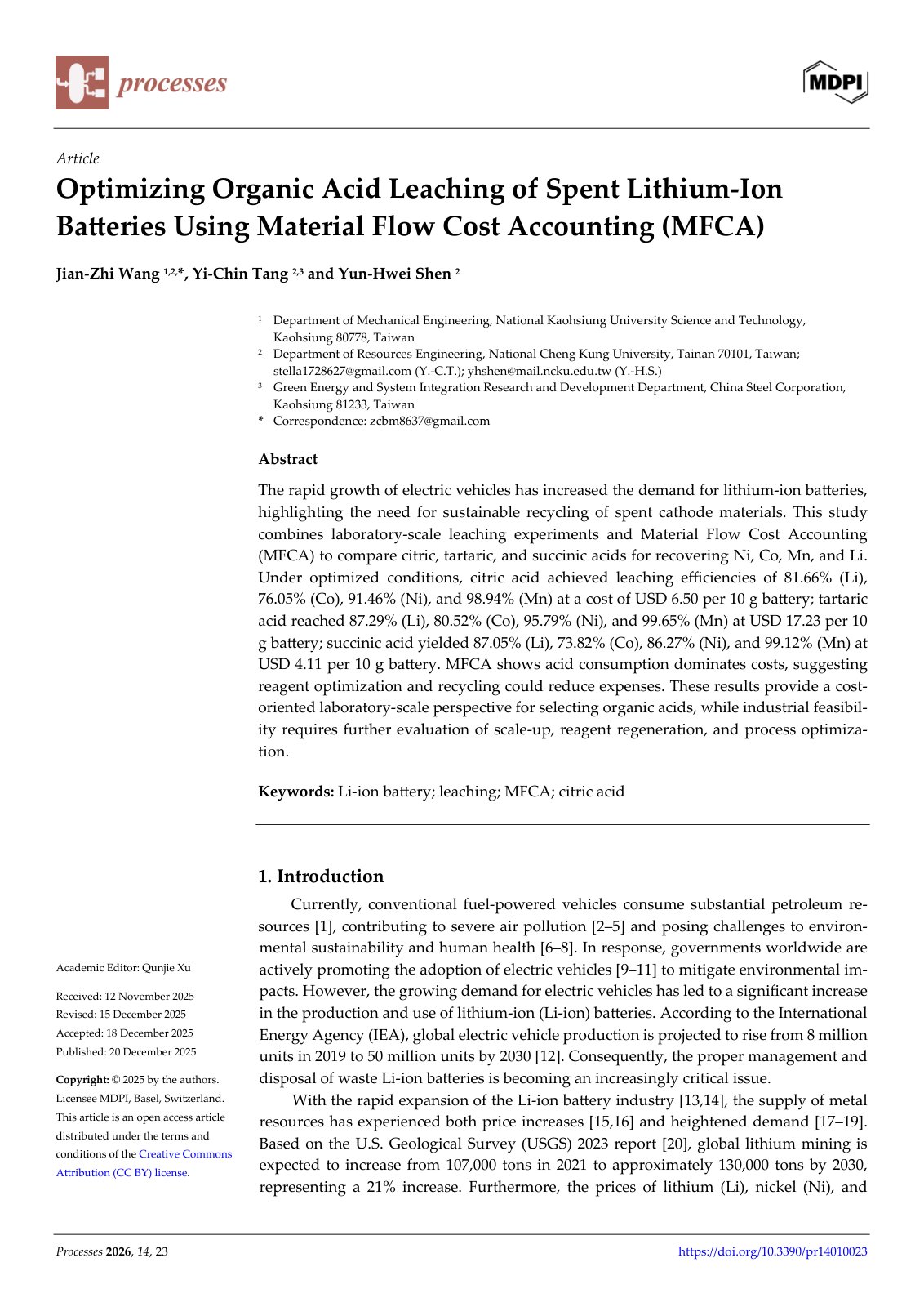 First page of Optimizing Organic Acid Leaching of Spent Lithium-Ion Batteries Using Material Flow Cost Accounting (MFCA)