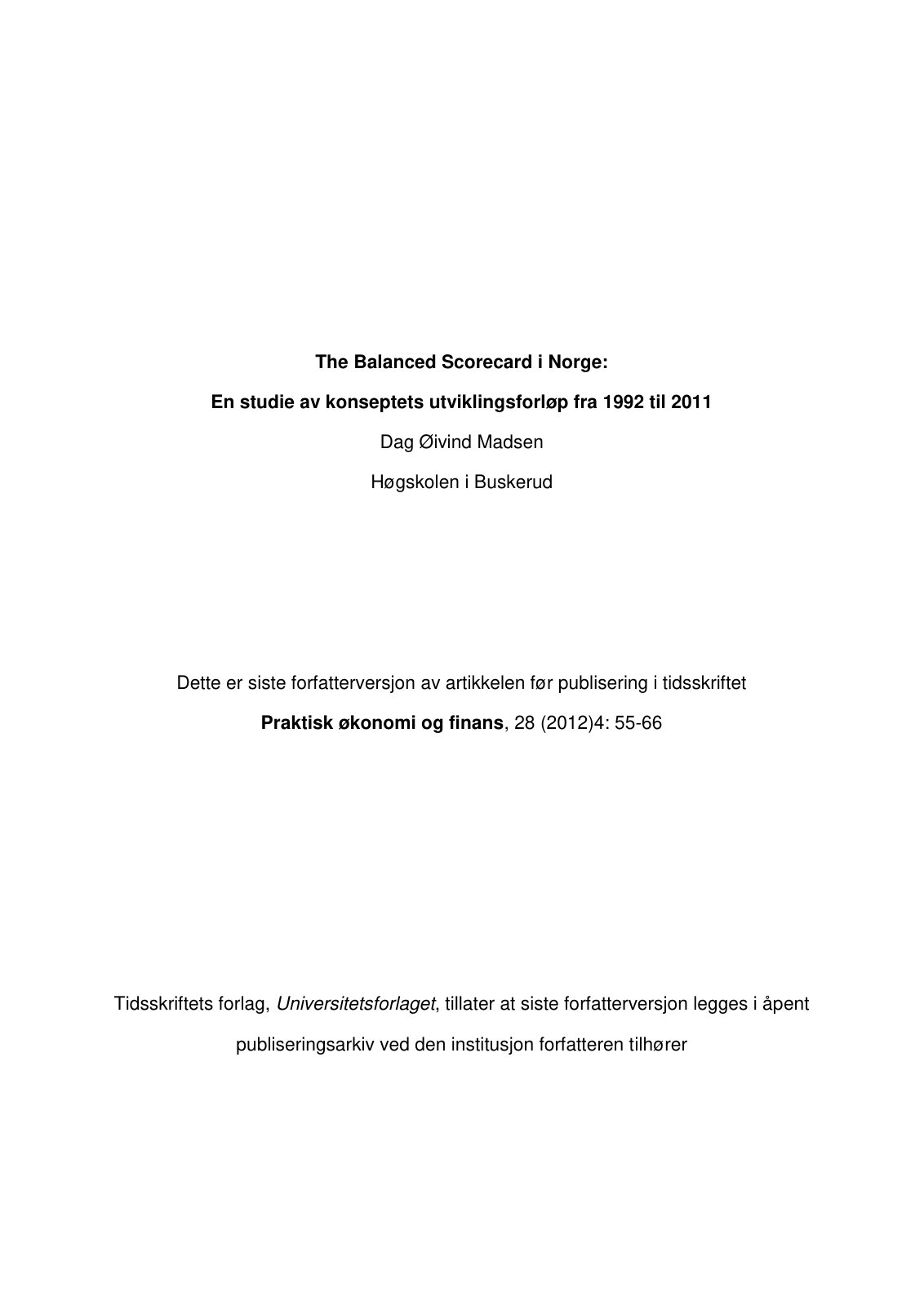 First page of The Balanced Scorecard i Norge En studie