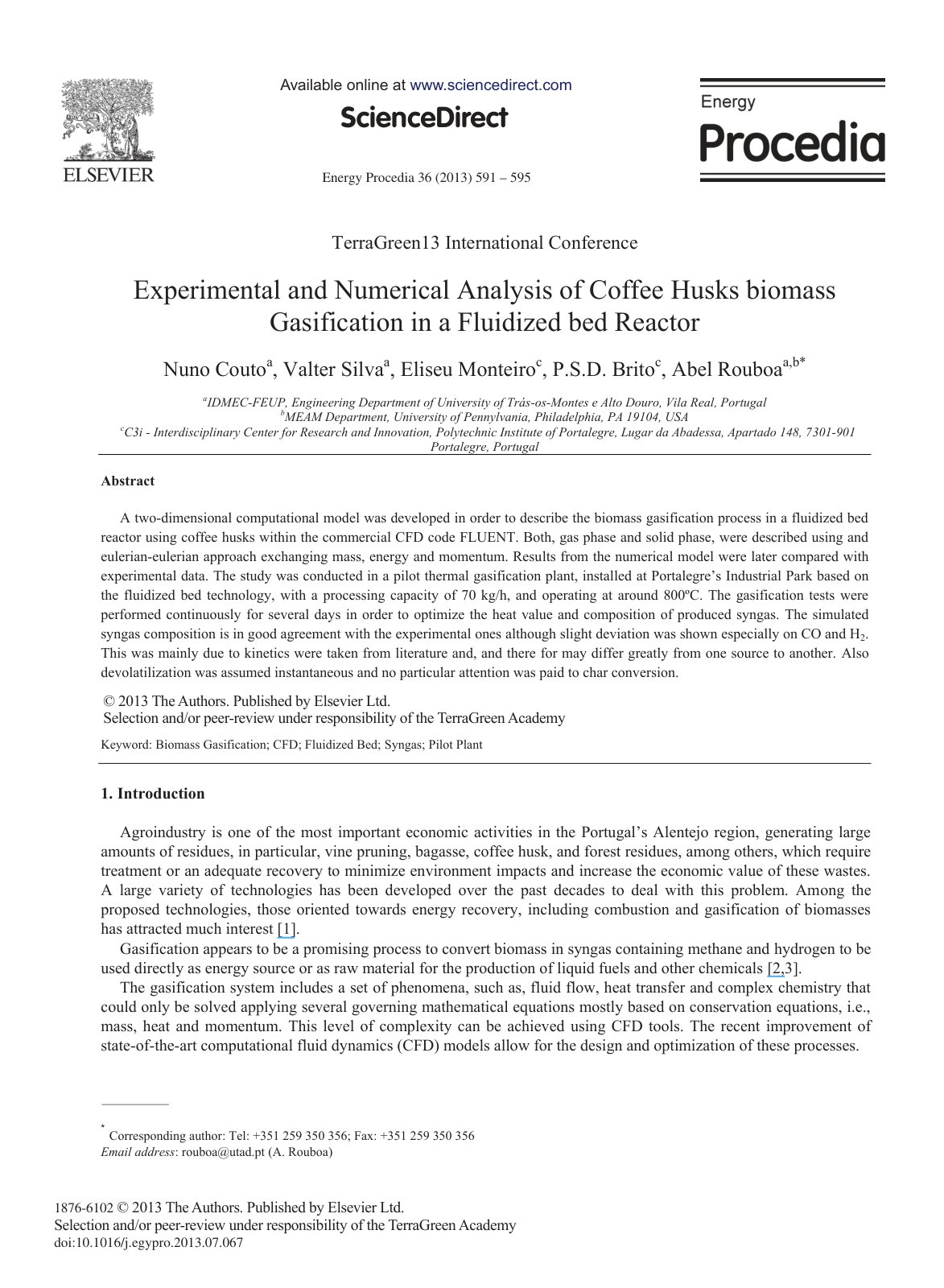 First page of Experimental and Numerical Analysis of Coffee Husks biomass Gasification in a Fluidized bed Reactor