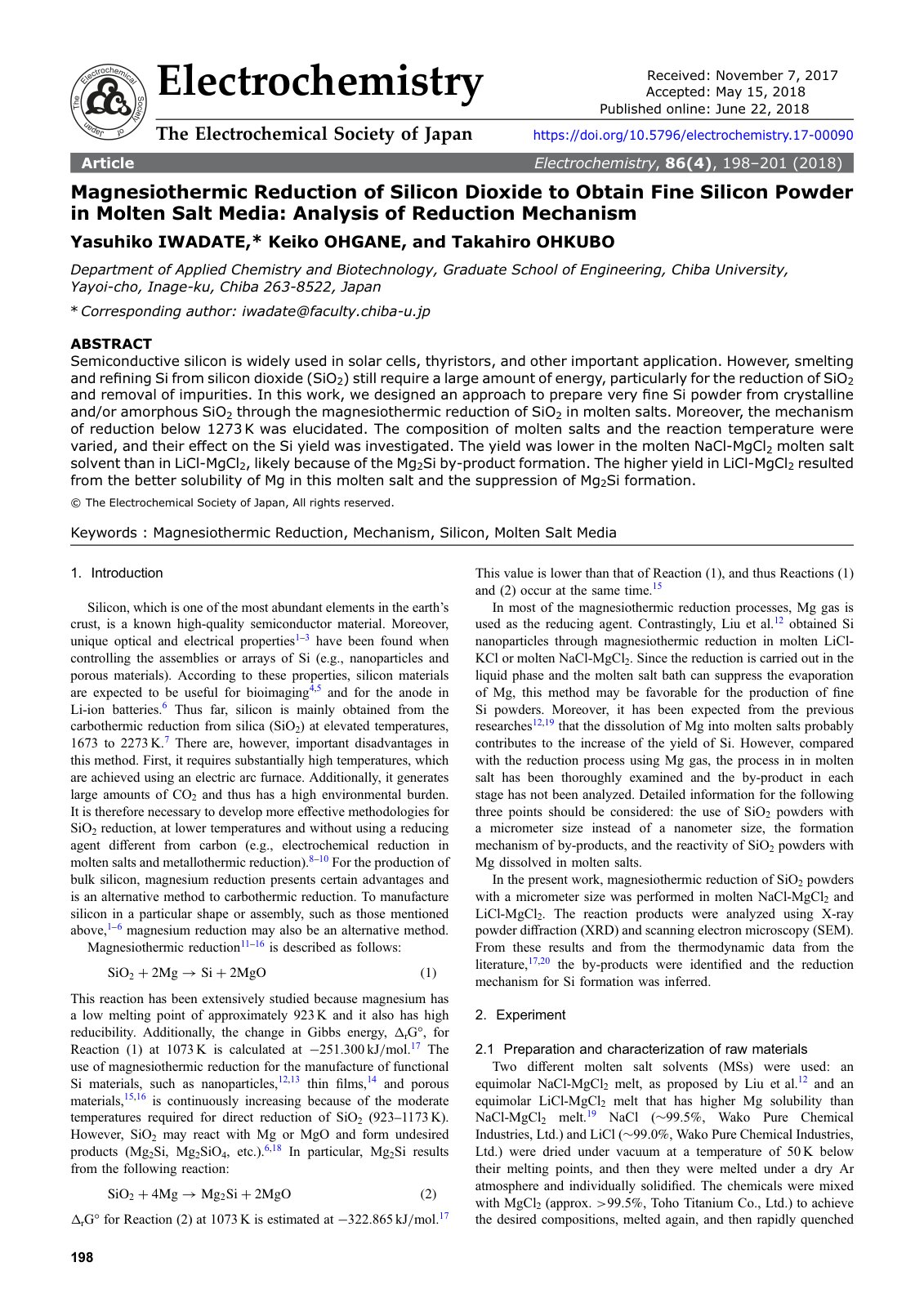 First page of Magnesiothermic Reduction of Silicon Dio