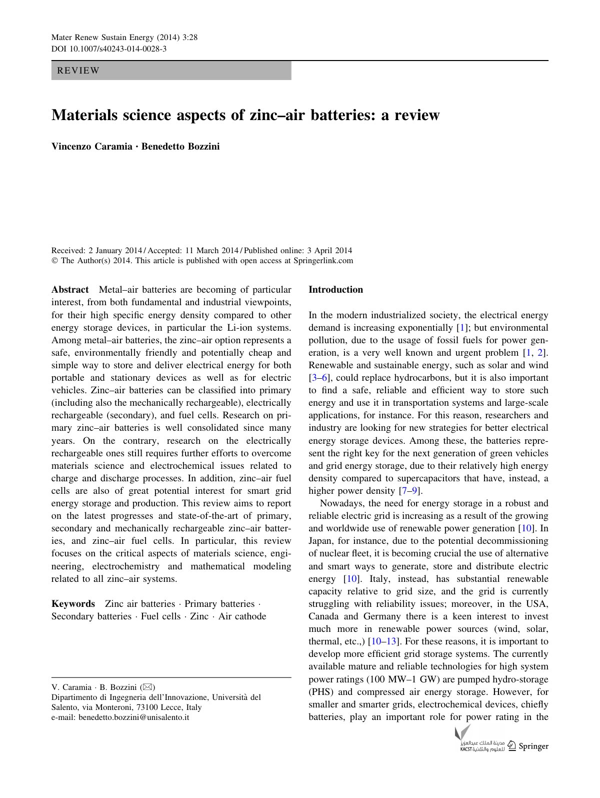 First page of Materials science aspects of zinc air ba