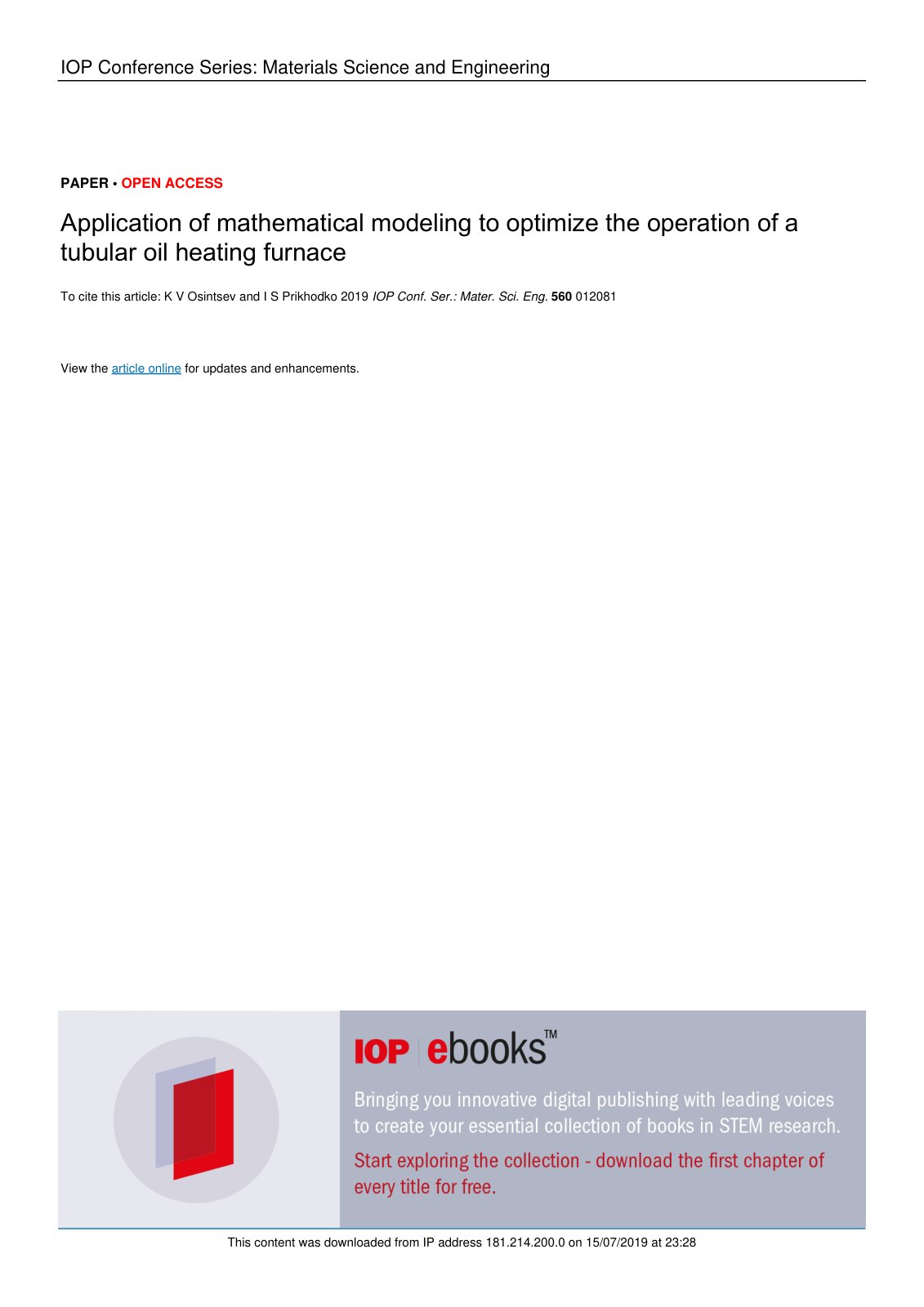 First page of Mathematical Modeling to Optimize a Furn