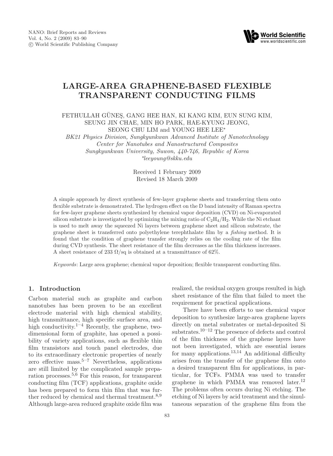 First page of large-area graphene-based flexible transparent conducting films