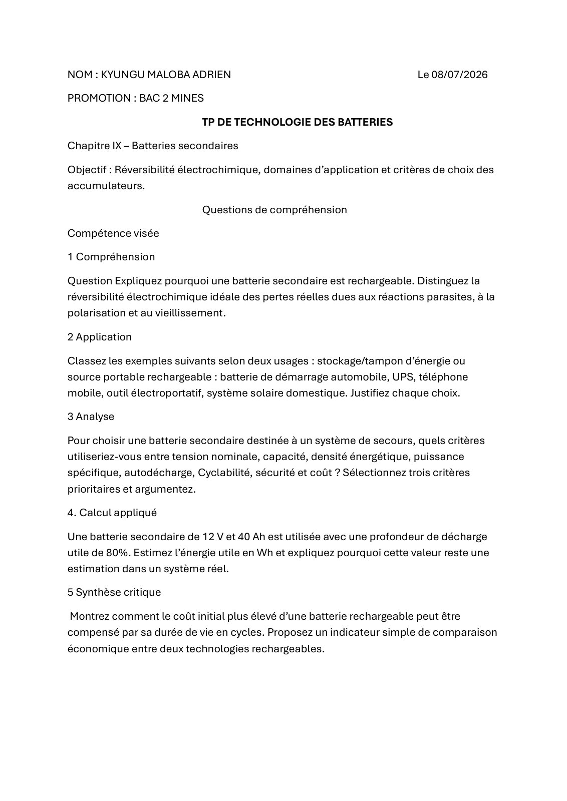 First page of TP DE TECHNOLOGIE DES BATTERIES
