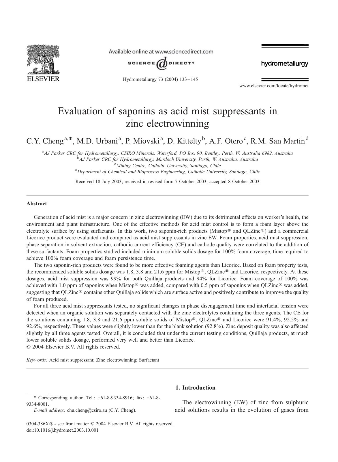 First page of Evaluation of saponins as acid mist supp
