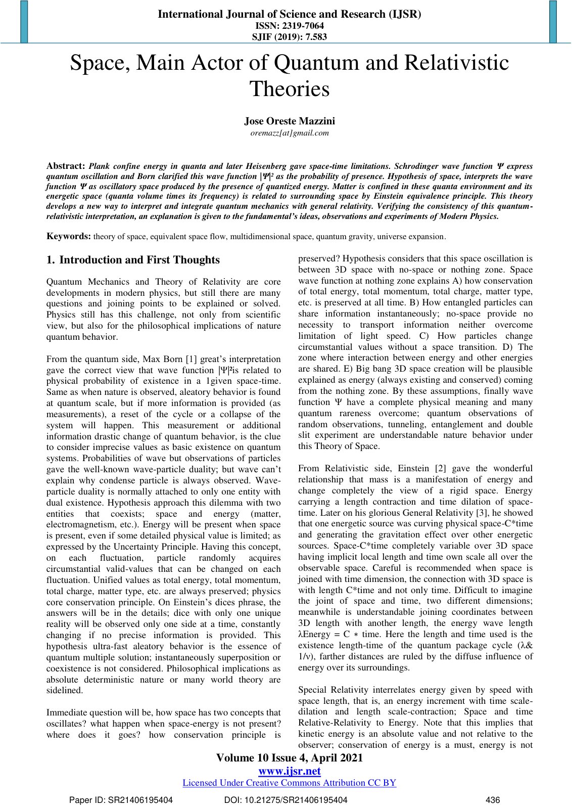 First page of Space Main Actor of Quantum and Relativi