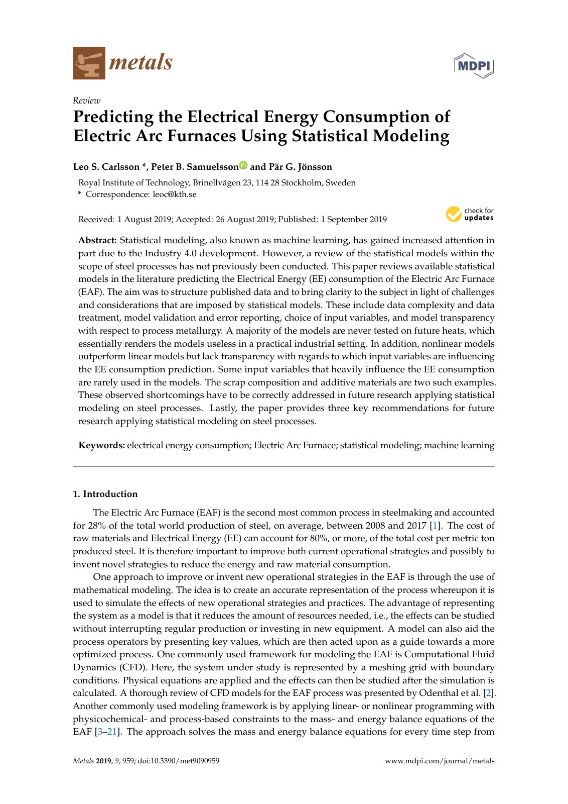 First page of Predicting the Electrical Energy Consumption of Electric Arc Furnaces Using Statistical Modeling