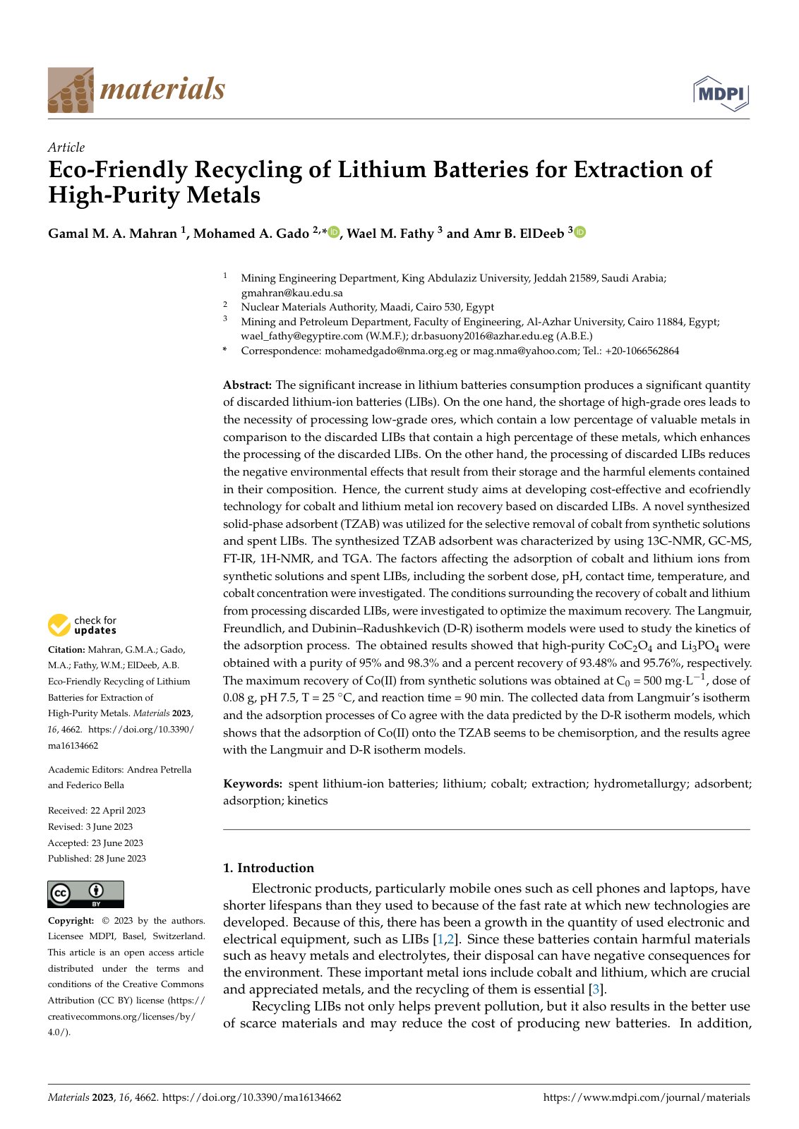 First page of Eco-Friendly Recycling of Lithium Batteries for Extraction of High-Purity Metals