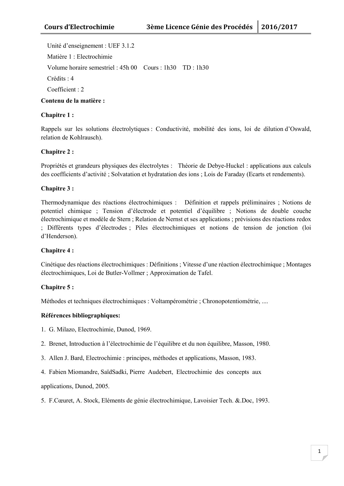 First page of Cours d’Electrochimie