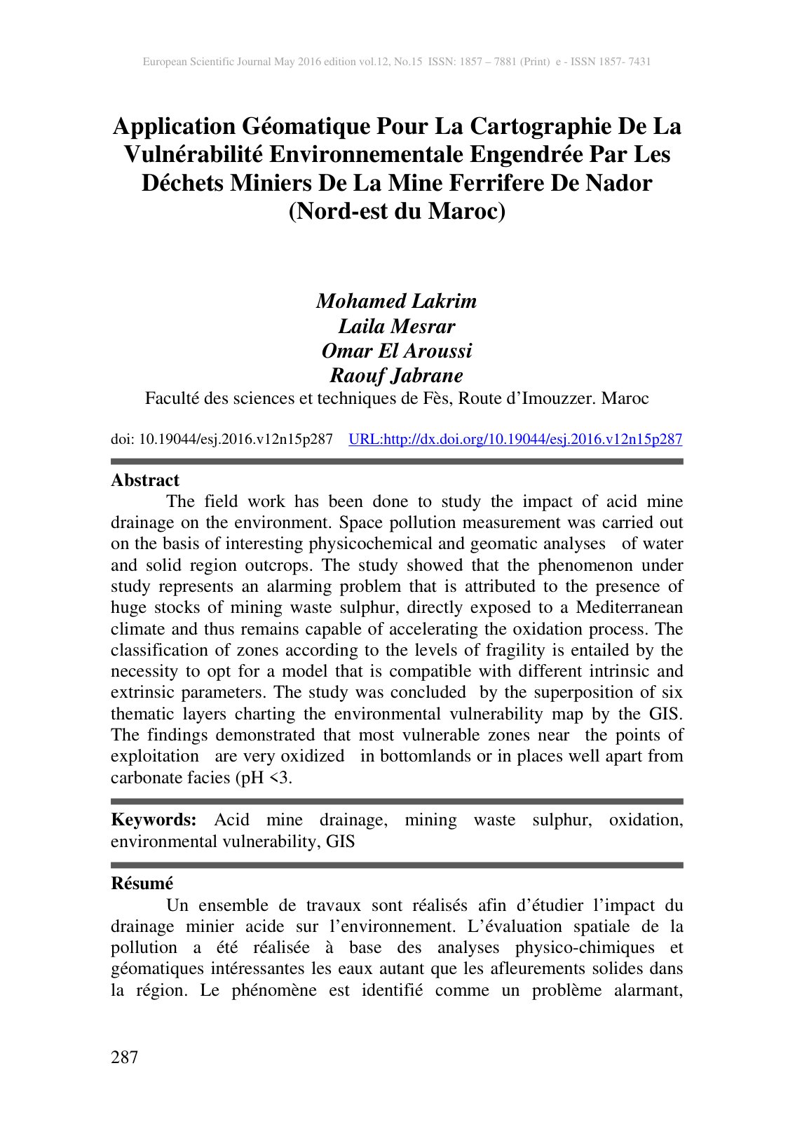 First page of Application Géomatique Pour La Cartographie De La Vulnérabilité Environnementale Engendrée Par Les Déchets Miniers De La Mine Ferrifere De Nador (Nord-est du Maroc)