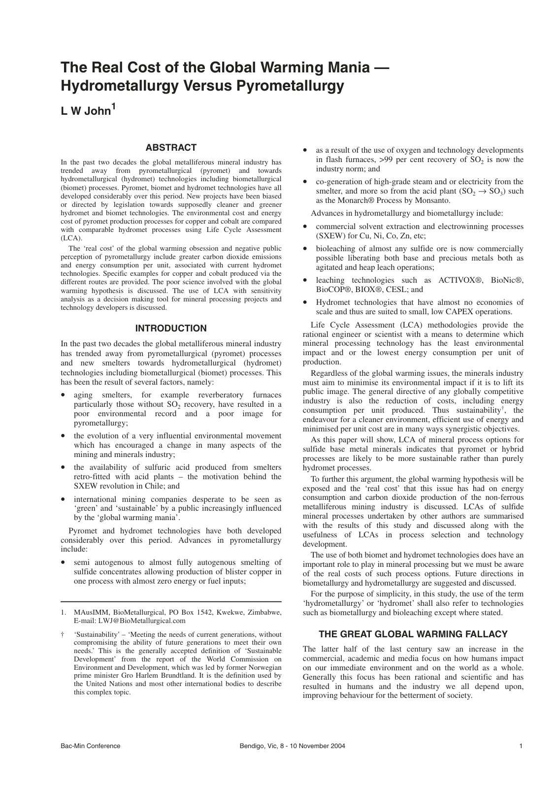First page of The Real Cost of the Global Warming Mania — Hydrometallurgy Versus Pyrometallurgy