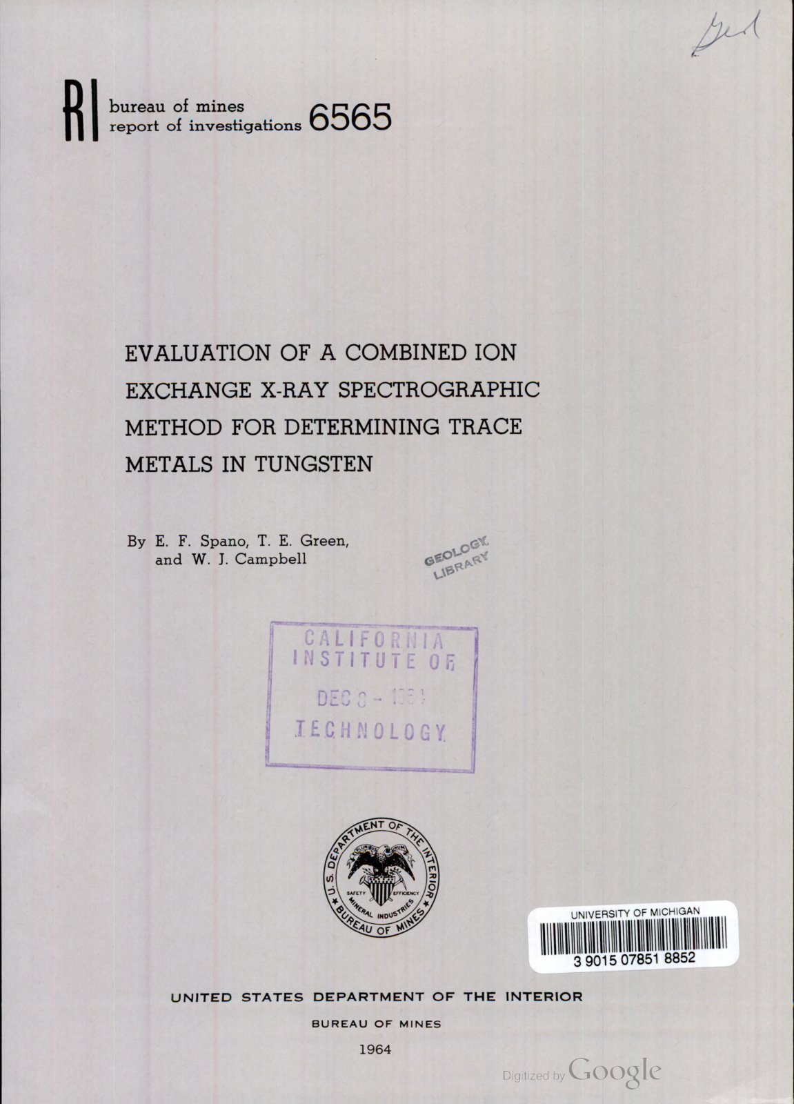 First page of Evaluation of a combined ion exchange x-ray spectrographic method for determining trace metals in tungsten