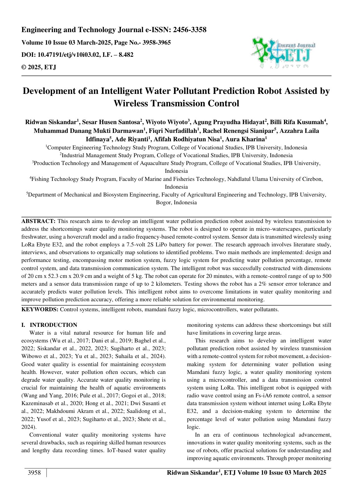 First page of Development of an Intelligent Water Pollutant Prediction Robot Assisted by  Wireless Transmission Control  
