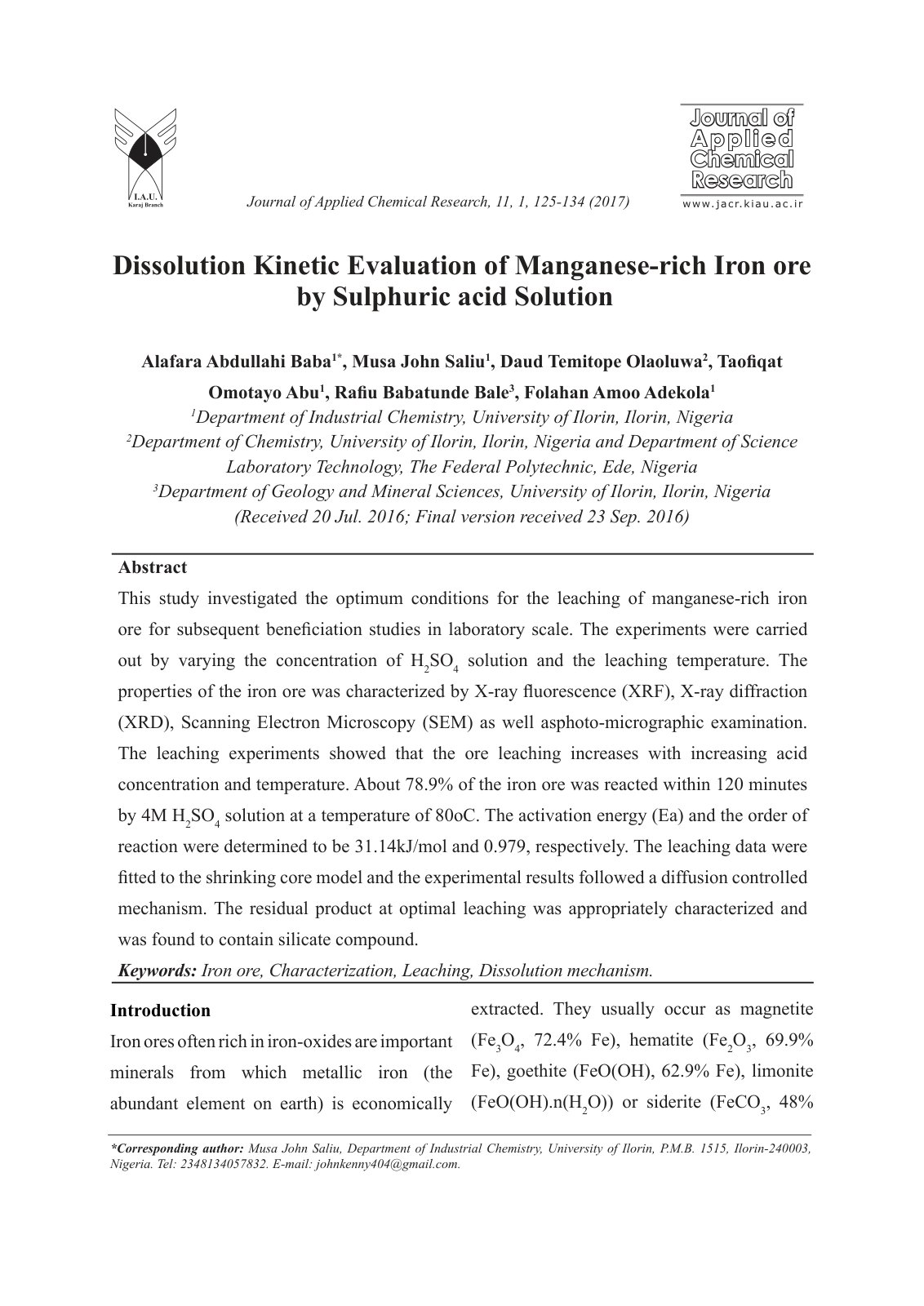 First page of Dissolution Kinetic Evaluation of Manganese-rich Iron ore by Sulphuric acid Solution