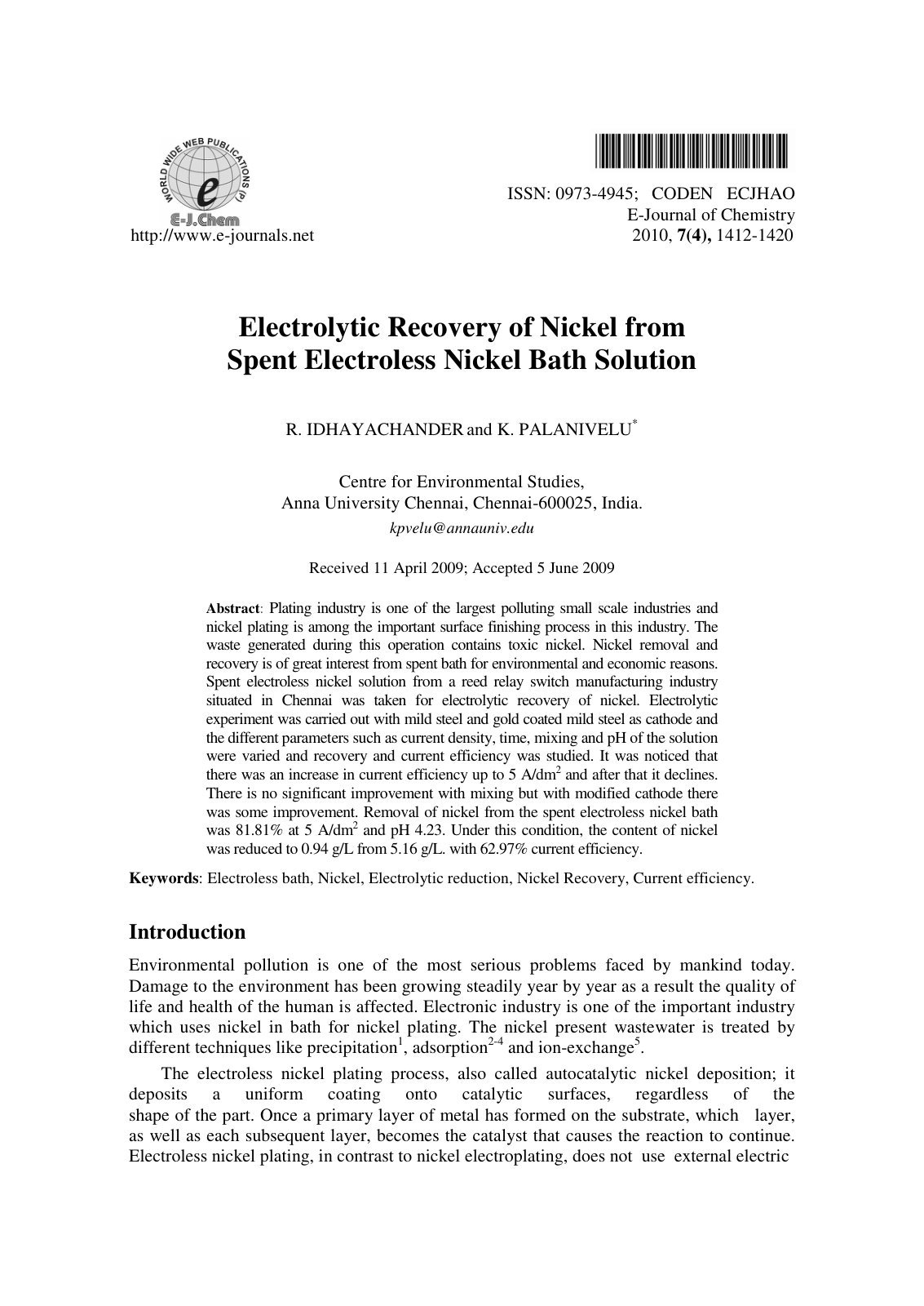First page of Electrolytic Recovery of Nickel from Spe
