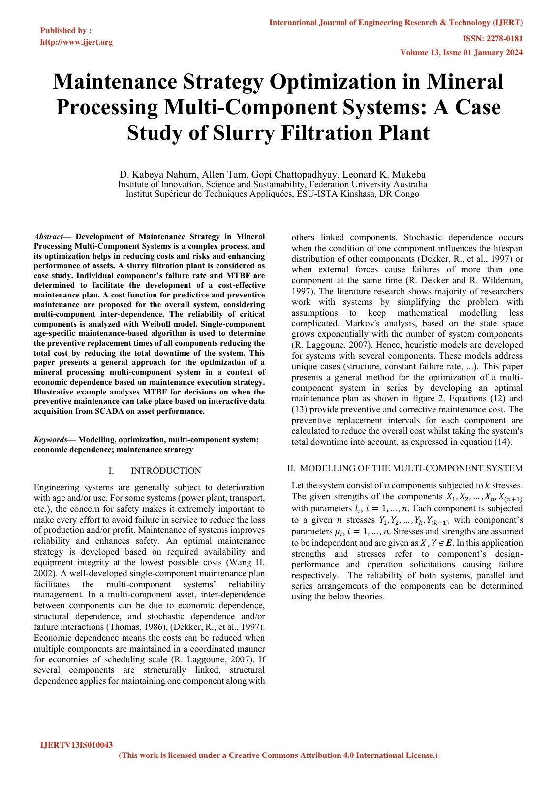 First page of Maintenance Strategy Optimization in Mineral Processing Multi-Component Systems: A Case Study of Slurry Filtration Plant
