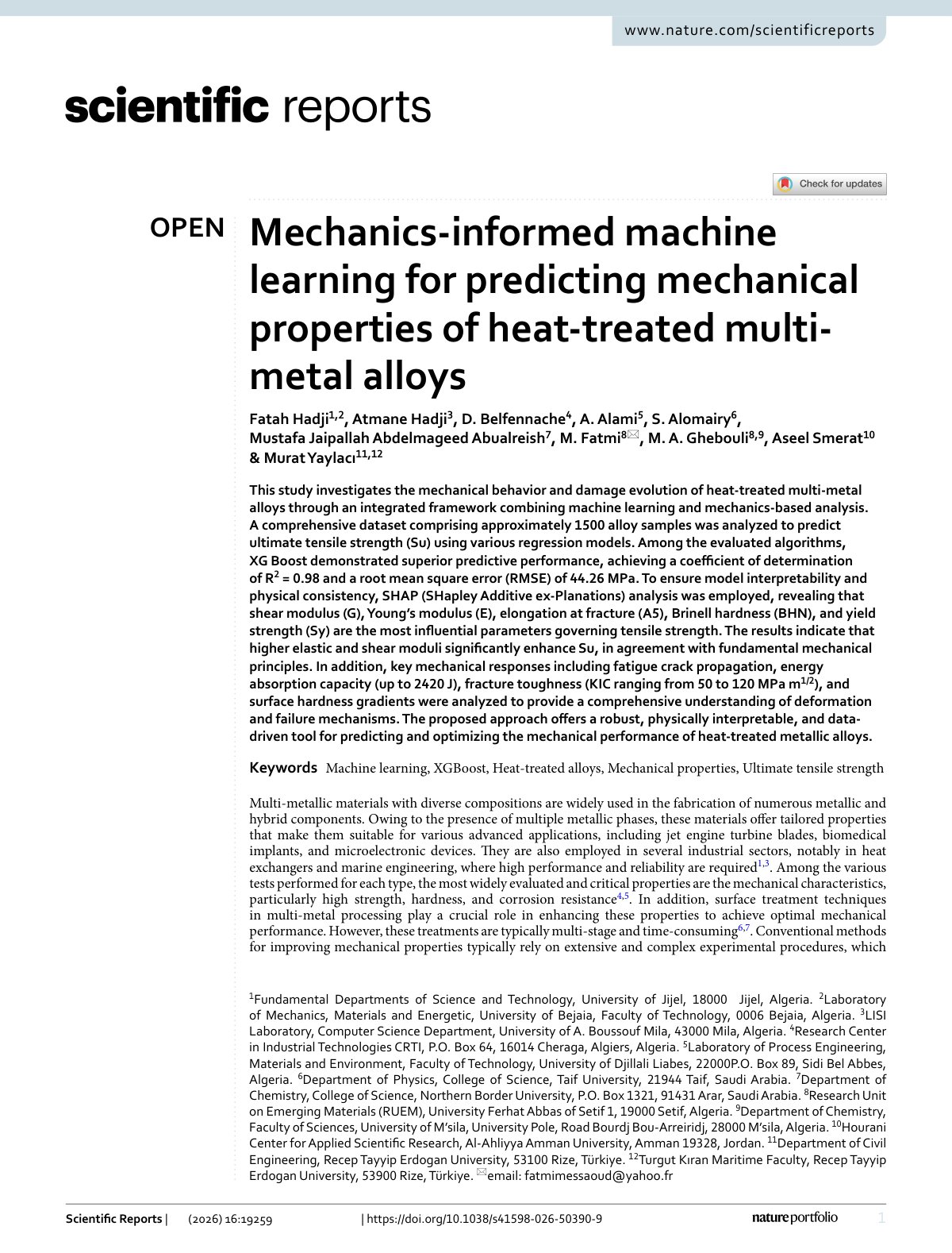 First page of Mechanics-informed machine learning for predicting mechanical properties of heat-treated multi-metal alloys