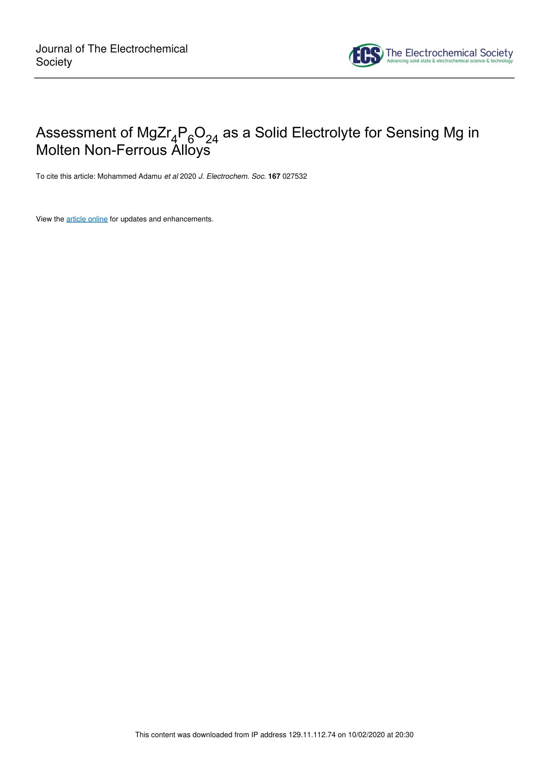 First page of Assessment of MgZr 4 P 6 O 24 as a Solid
