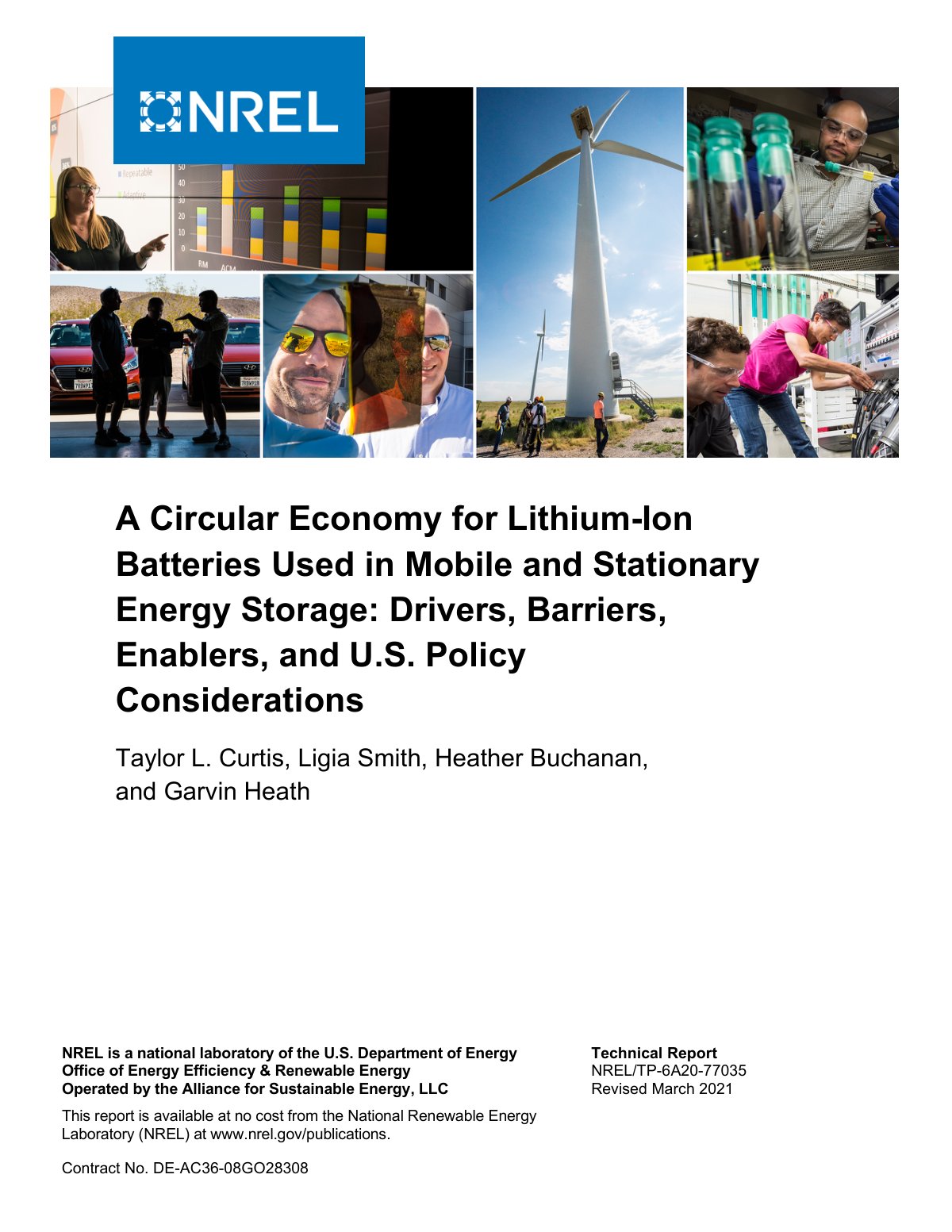 First page of A Circular Economy for Lithium-Ion Batteries Used in Mobile and Stationary Energy Storage: Drivers, Barriers, Enablers, and U.S. Policy Considerations