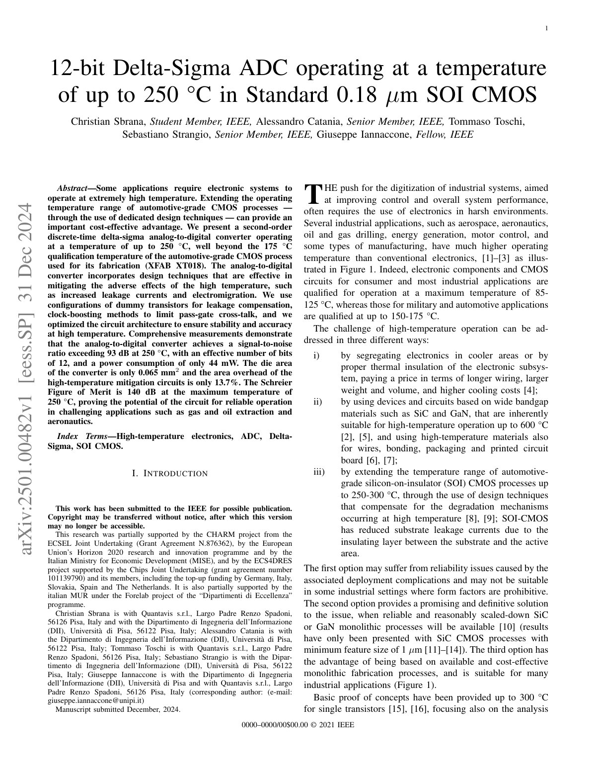 First page of 12-bit Delta-Sigma ADC operating at a temperature of up to 250 °C in Standard 0.18 µm SOI CMOS