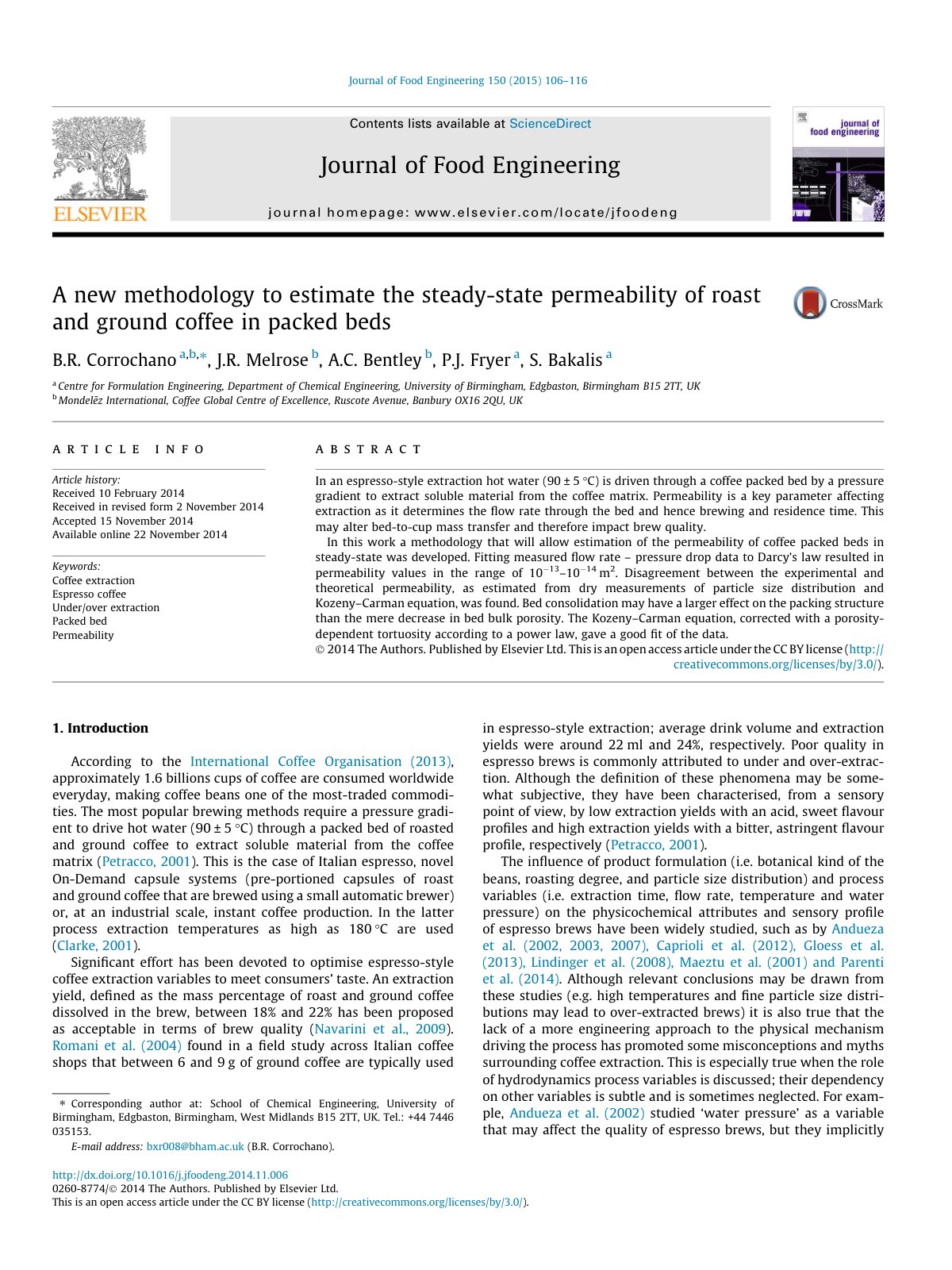 First page of A new methodology to estimate the steady-state permeability of roast and ground coffee in packed beds
