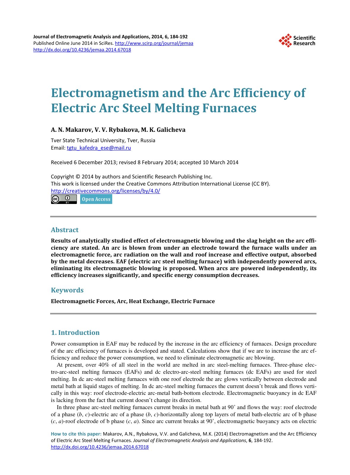 First page of 2014 document Electromagnetism and the Arc Efficiency of Electric Arc Steel Melting Furnaces jemaa.2014.67018
