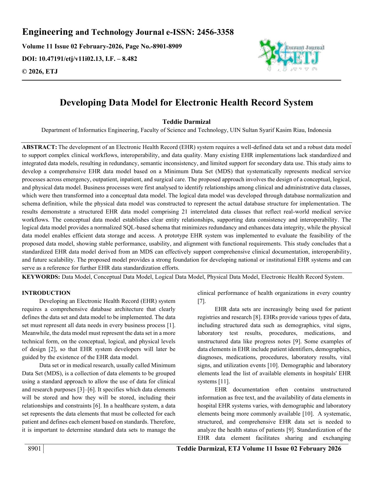 First page of Developing Data Model for Electronic Health Record System 