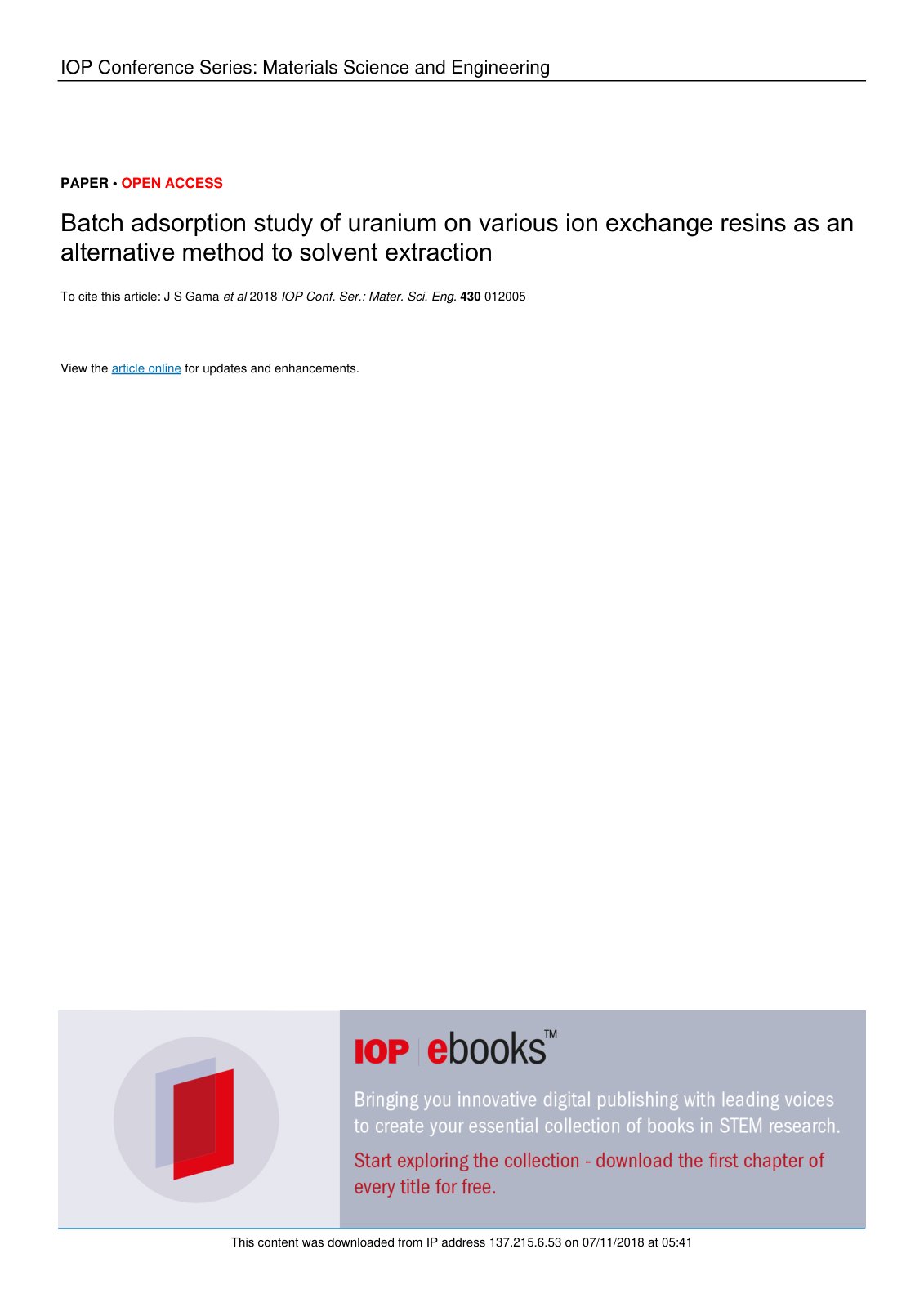 First page of Batch adsorption study of uranium on var