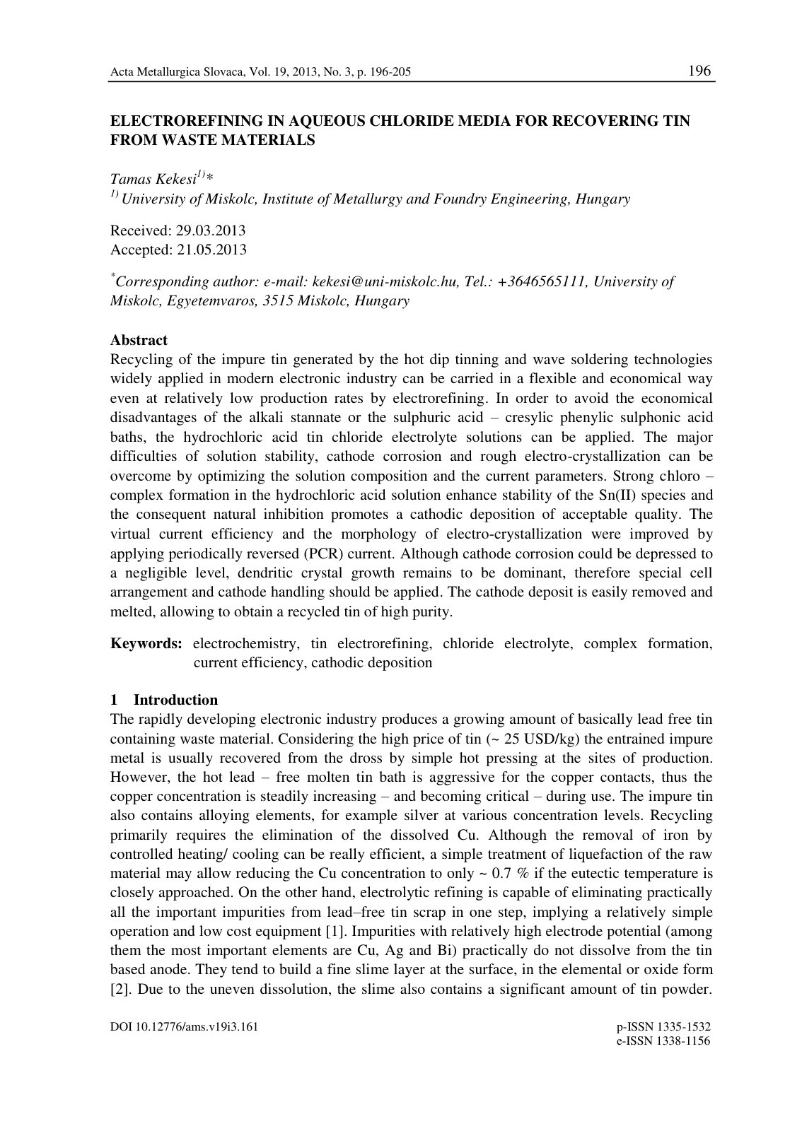First page of Electrorefining in Aqueous Chloride Media for Recovering Tin from Waste Materials