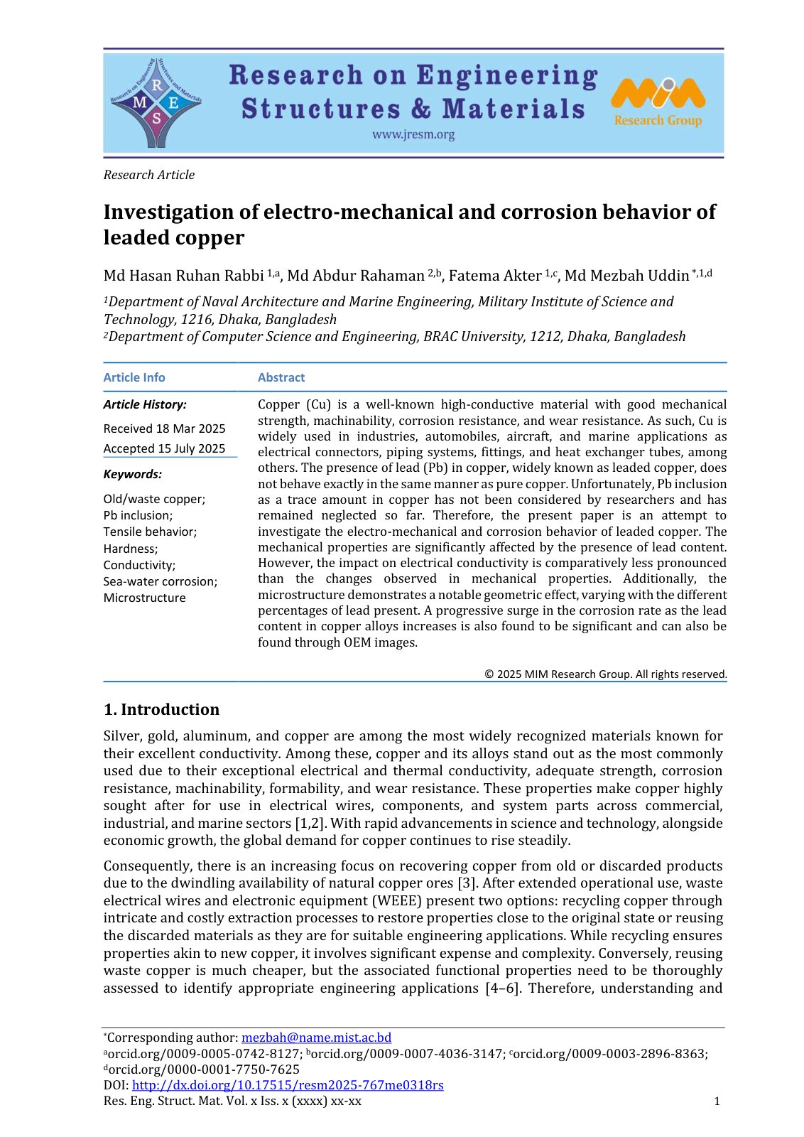 First page of Investigation of electro mechanical and