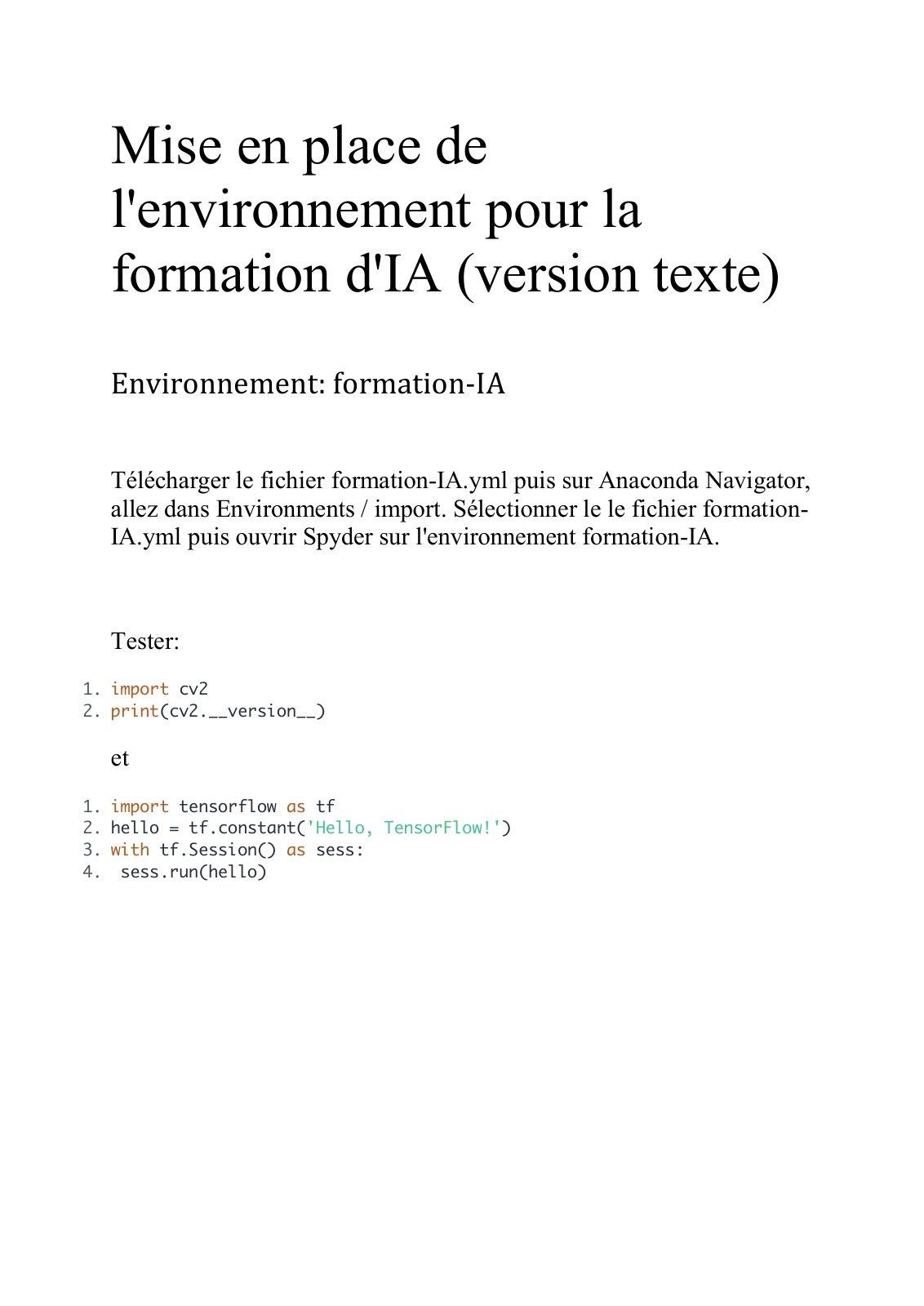 First page of Mise en place de l environnement pour la formation d IA (version texte)(1)