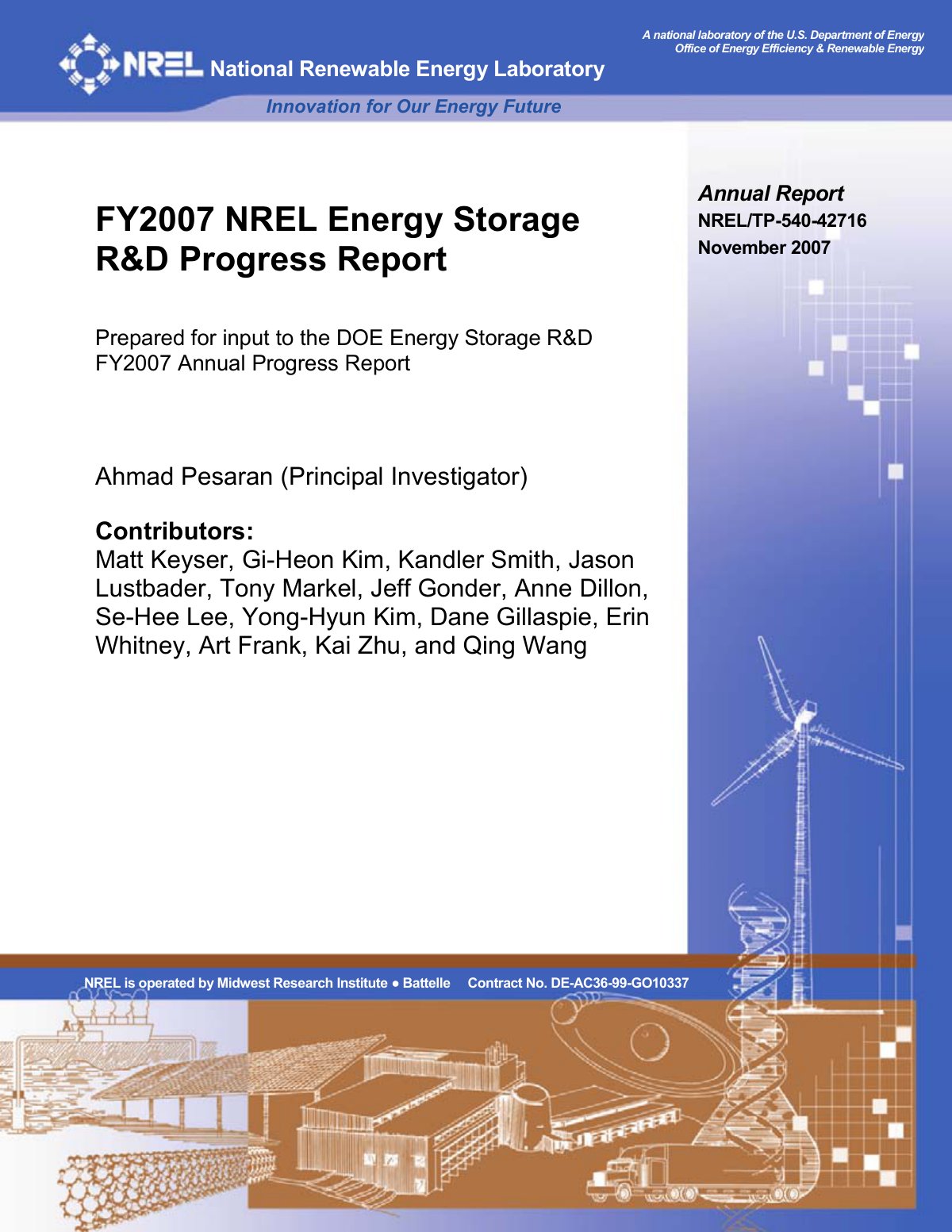 First page of FY2007 NREL Energy Storage R&D Progress Report