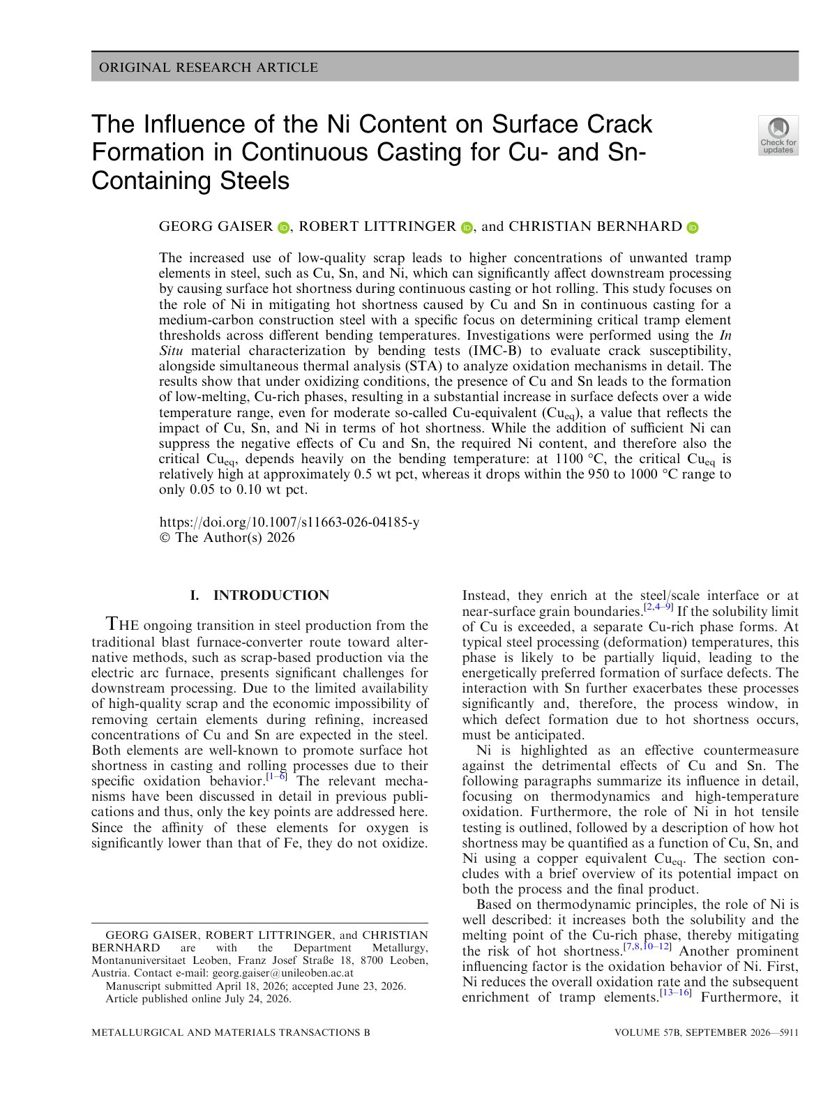 First page of 2026 Gaiser Ni Surface Crack Continuous Casting 10.1007 s11663 026 04185 y