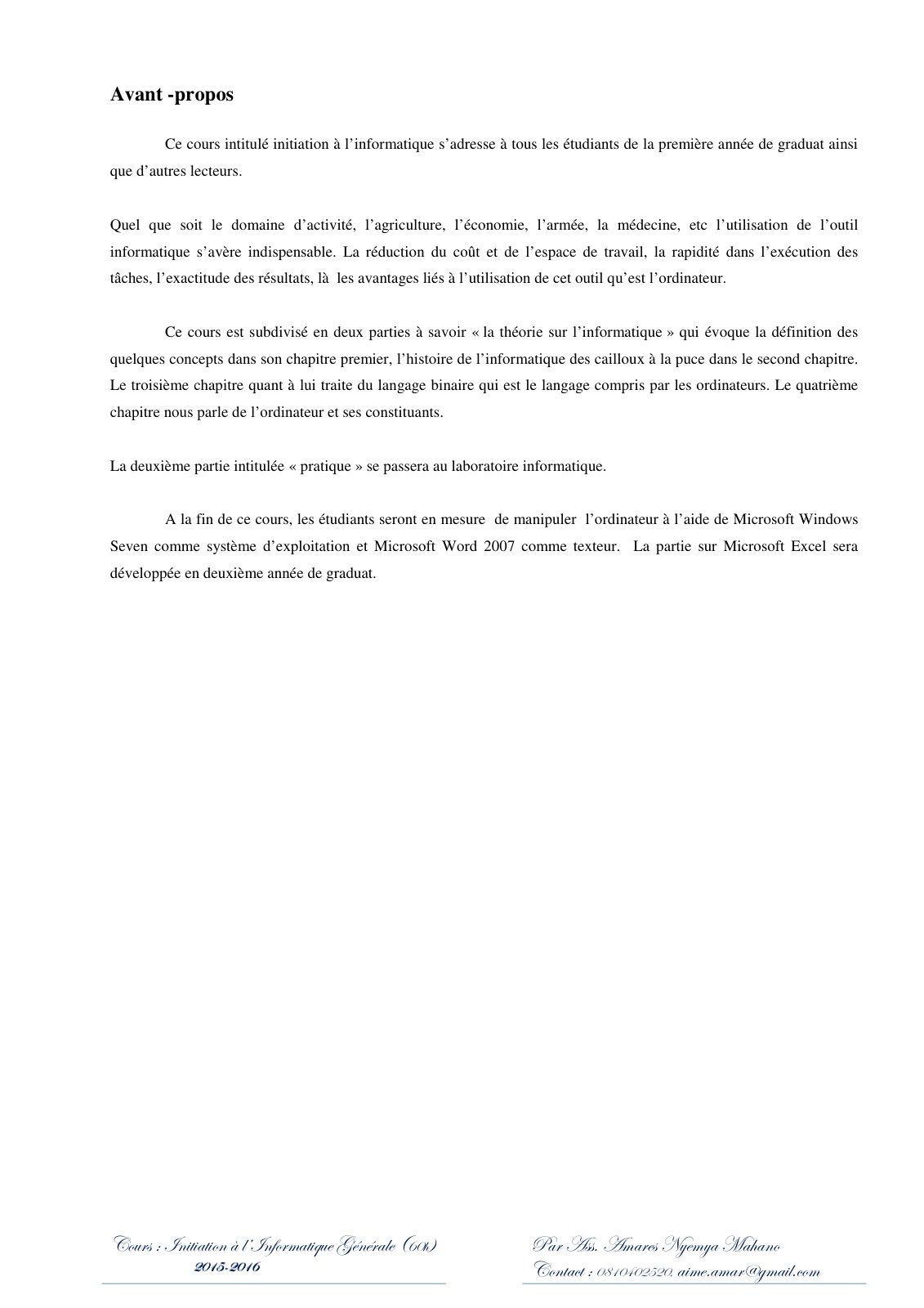 First page of Cours Informatique Gen 1H Gen 3e toutes