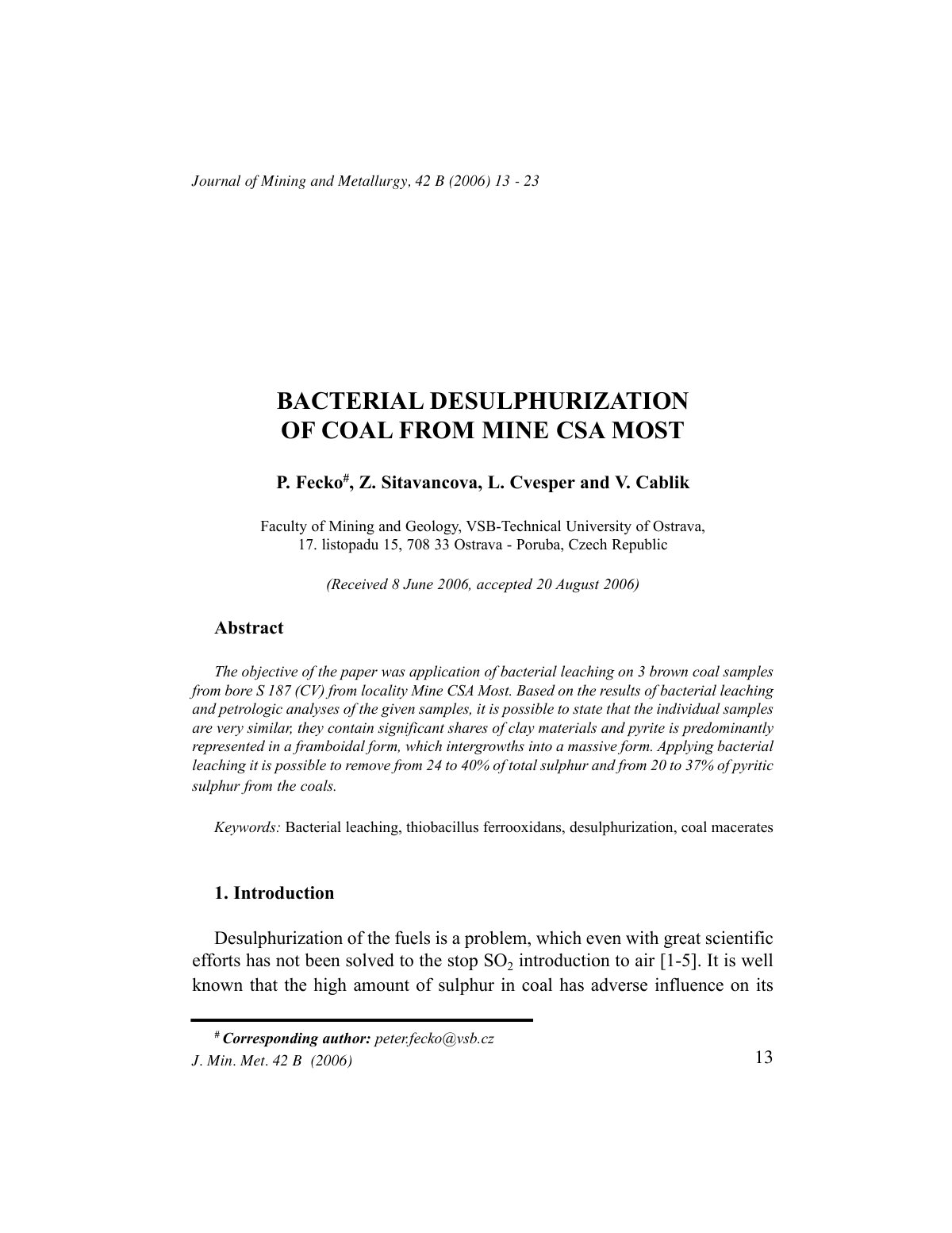First page of Bacterial desulphurization of coal from