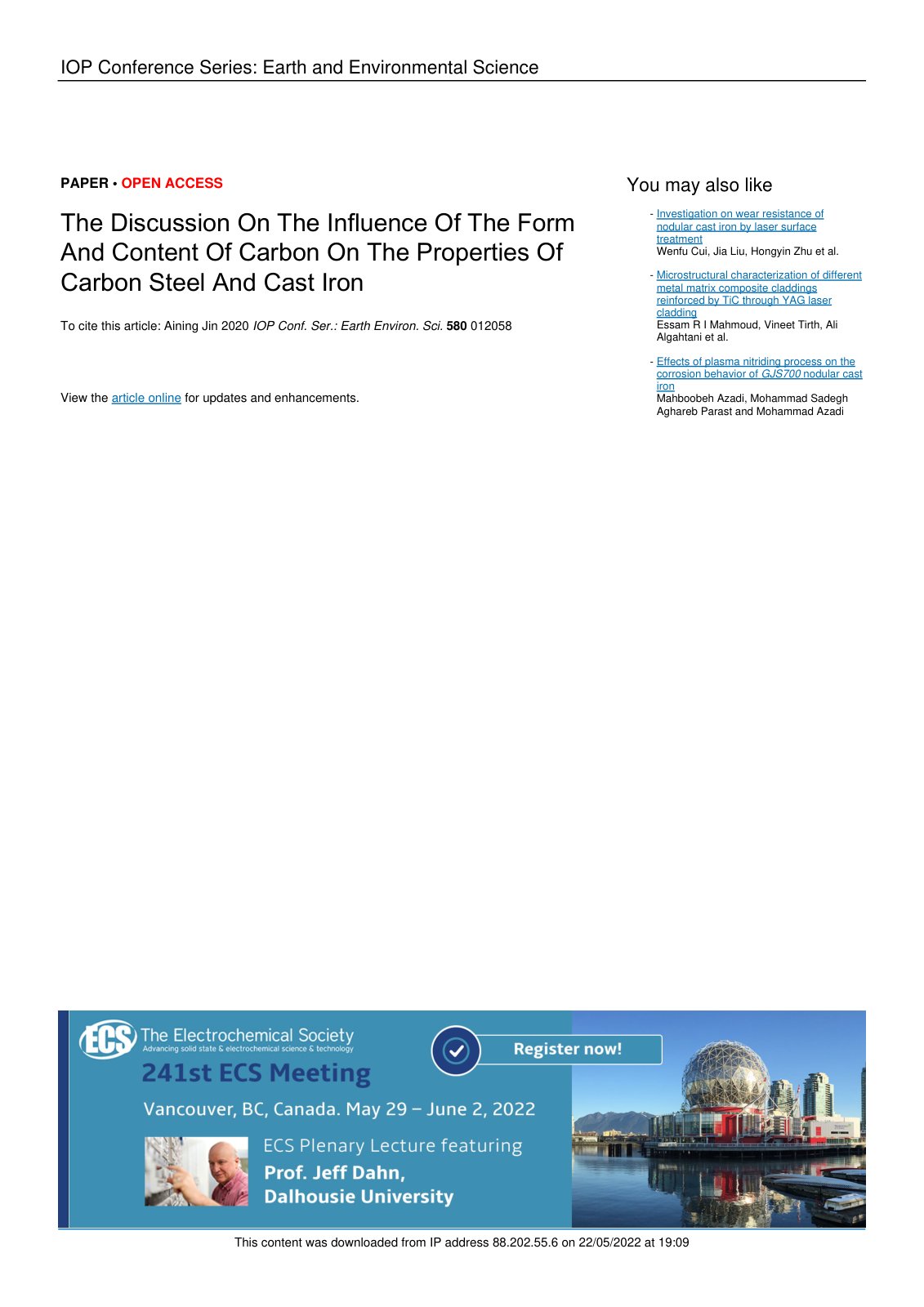 First page of Jin 2020 IOP Conf. Ser.  Earth Environ. Sci. 580 012058