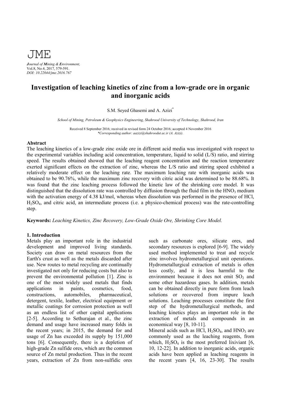 First page of Investigation of leaching kinetics of zinc from a low-grade ore in organic and inorganic acids