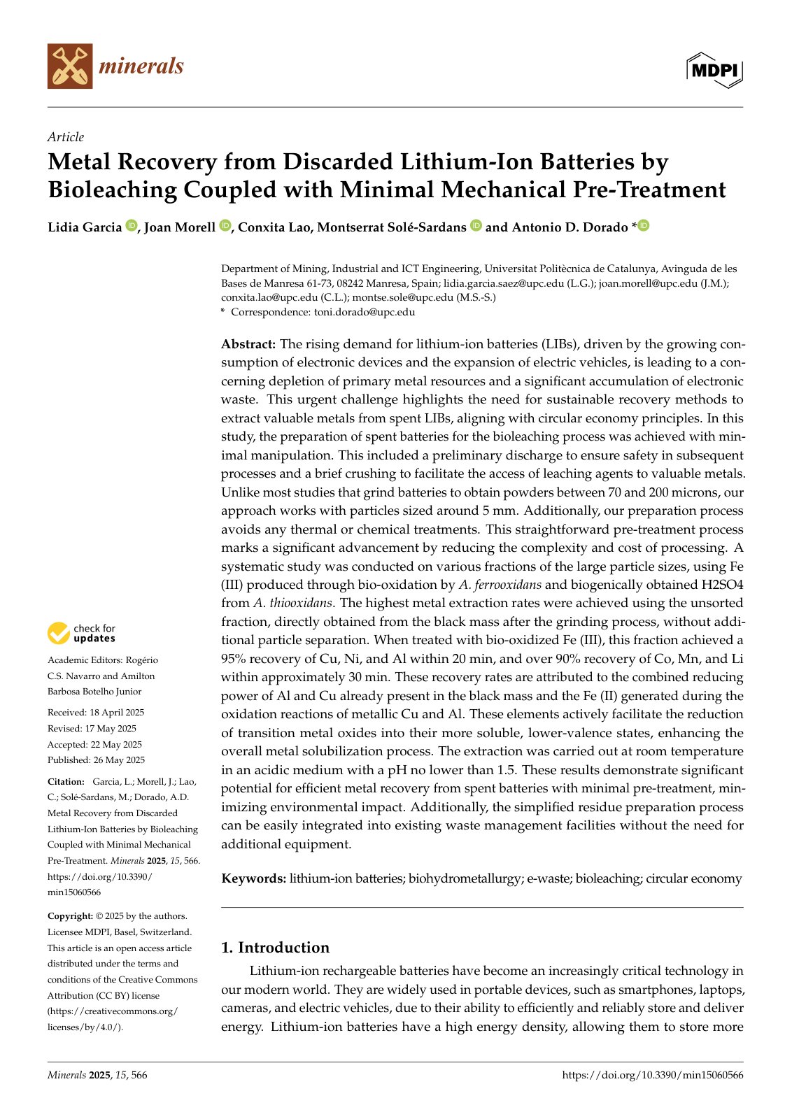 First page of Metal Recovery from Discarded Lithium-Ion Batteries by Bioleaching Coupled with Minimal Mechanical Pre-Treatment