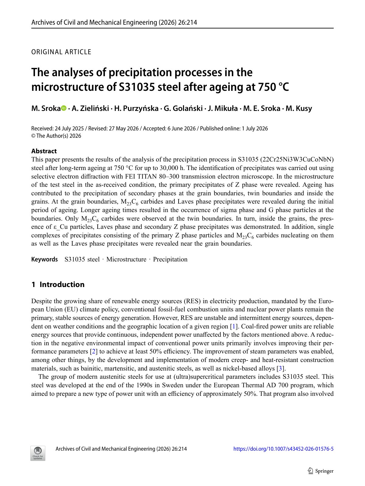 First page of 2026 Sroka S31035 Precipitation Microstructure
