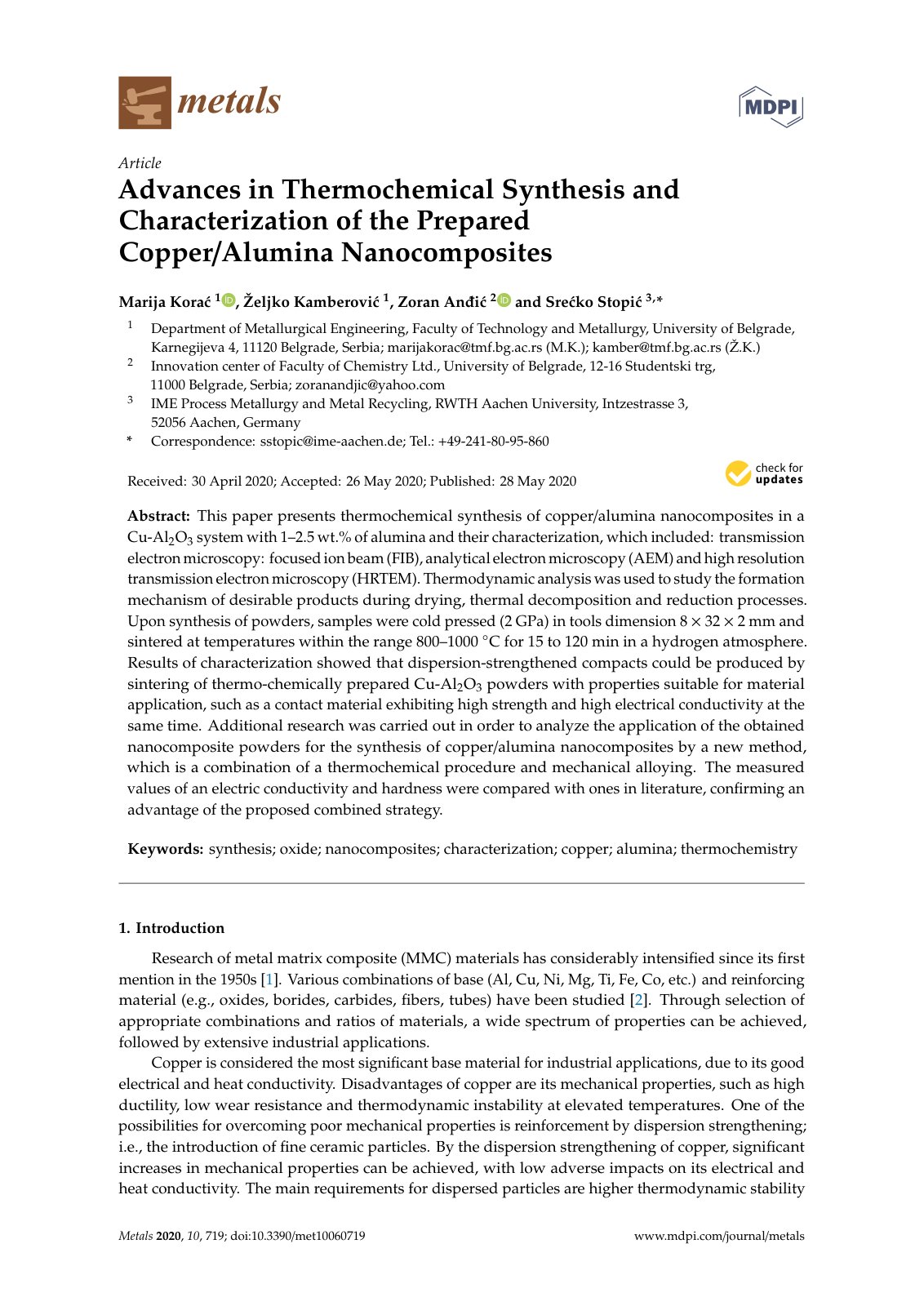 First page of Advances in Thermochemical Synthesis and Characterization of the Prepared Copper/Alumina Nanocomposites