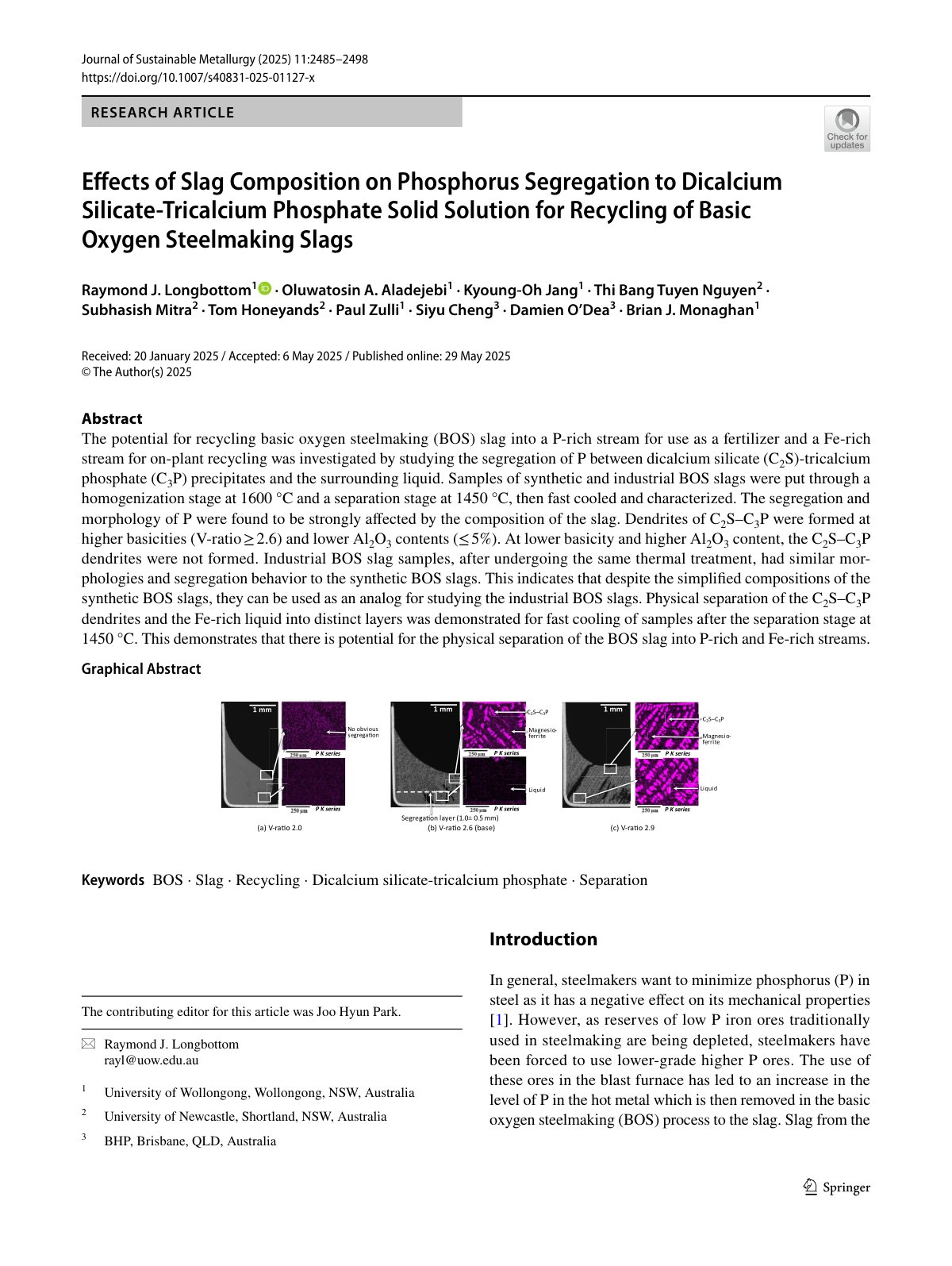 First page of Effects of Slag Composition on Phosphorus Segregation to Dicalcium Silicate‑Tricalcium Phosphate Solid Solution for Recycling of Basic Oxygen Steelmaking Slags