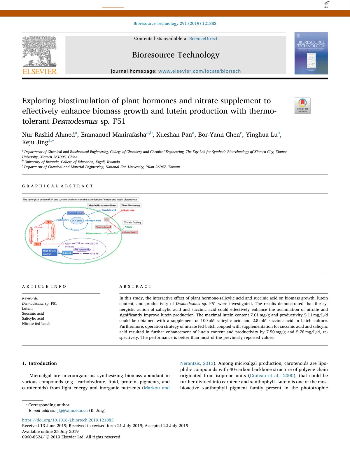First page of Exploring biostimulation of plant hormones and nitrate supplement to eﬀectively enhance biomass growth and lutein production with thermo-tolerant Desmodesmus sp. F51