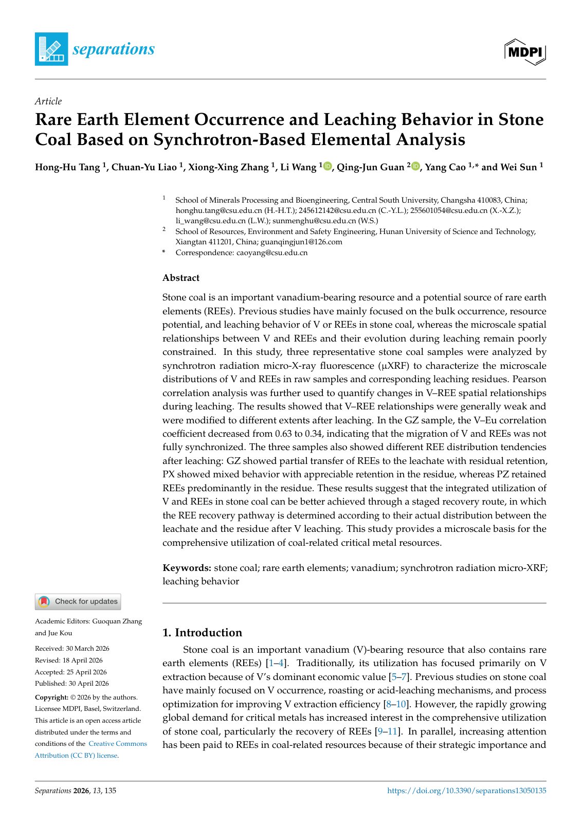 First page of 2026   Tang   REE Leaching Behaviour in Stone Coal