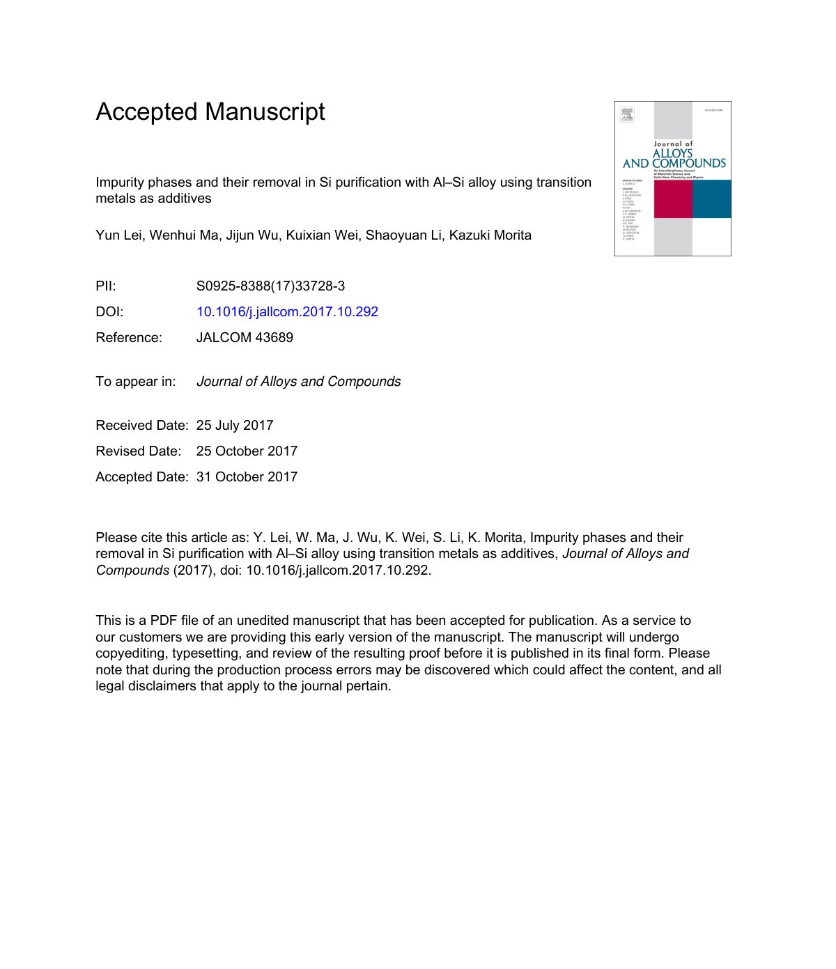 First page of Impurity phases and their removal in Si purification with Al–Si alloy using transition metals as additives