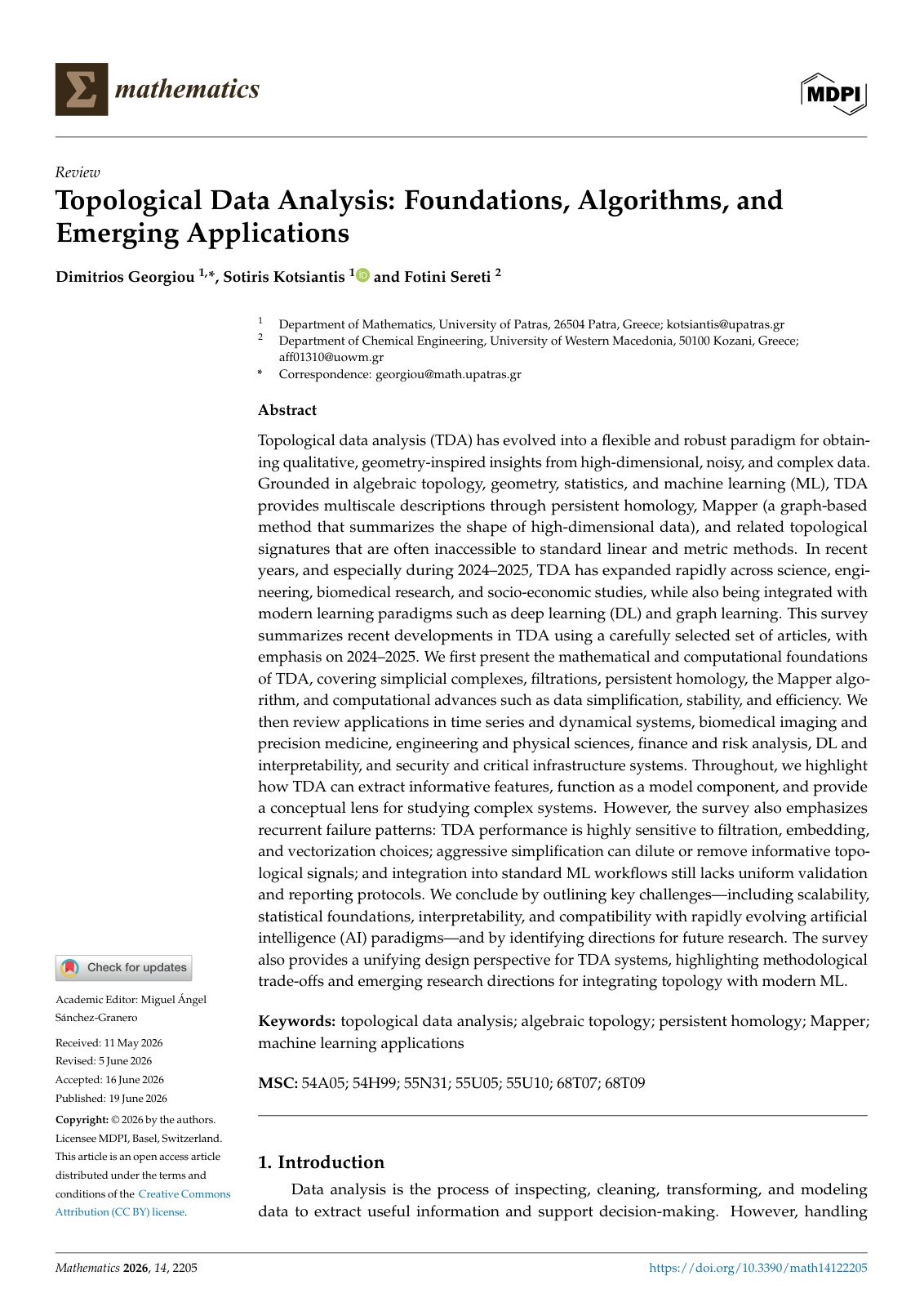 First page of Topological Data Analysis: Foundations, Algorithms, and Emerging Applications
